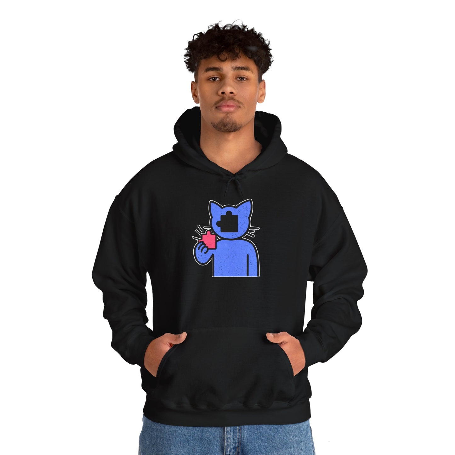 Cat Puzzle Piece Hoodie – Distressed Graphic Pullover – Cozy Unisex Hooded Sweatshirt for Puzzle Lovers
