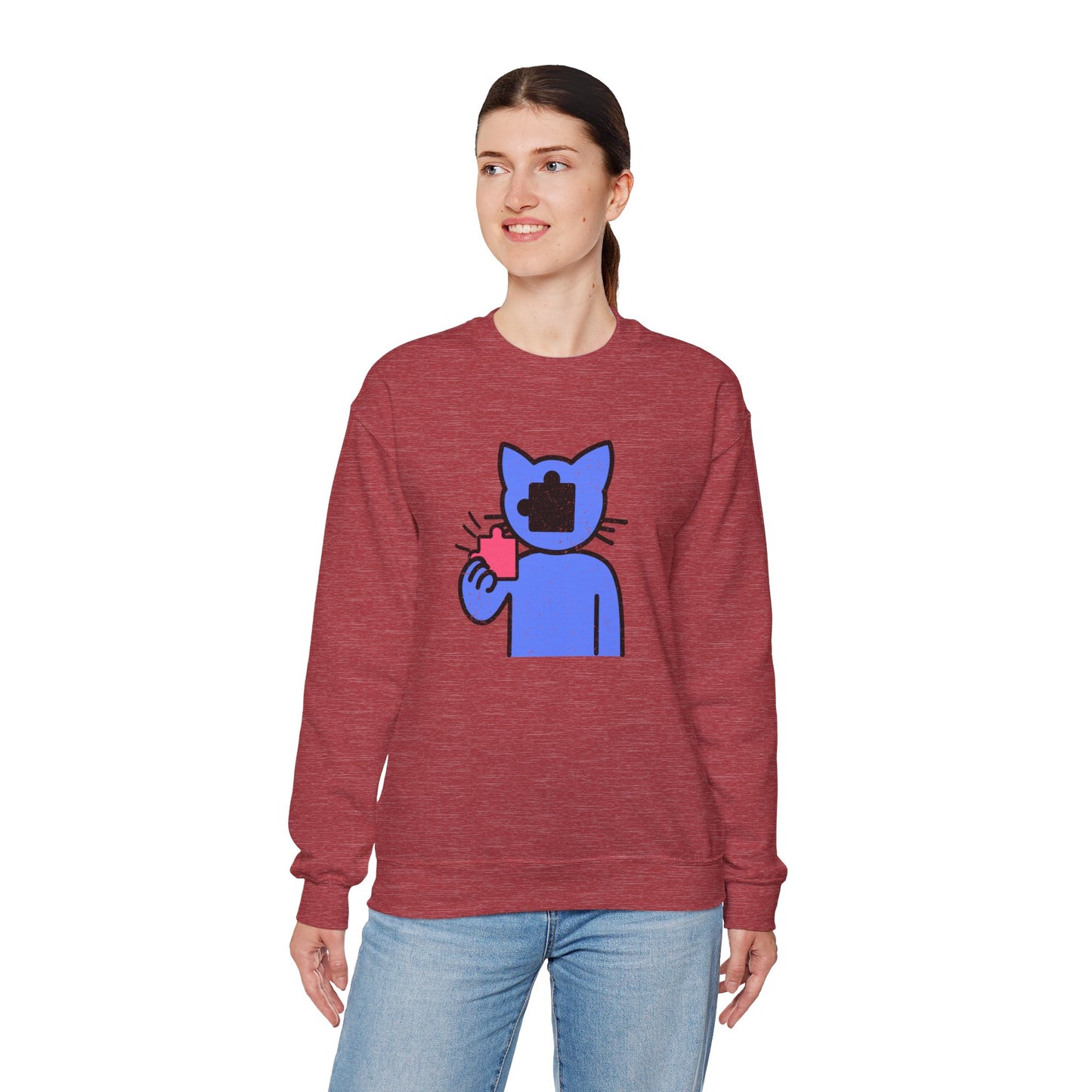 Cat Puzzle Piece Sweatshirt – Distressed Graphic Crewneck – Cozy Unisex Fleece for Life’s Puzzle Lovers