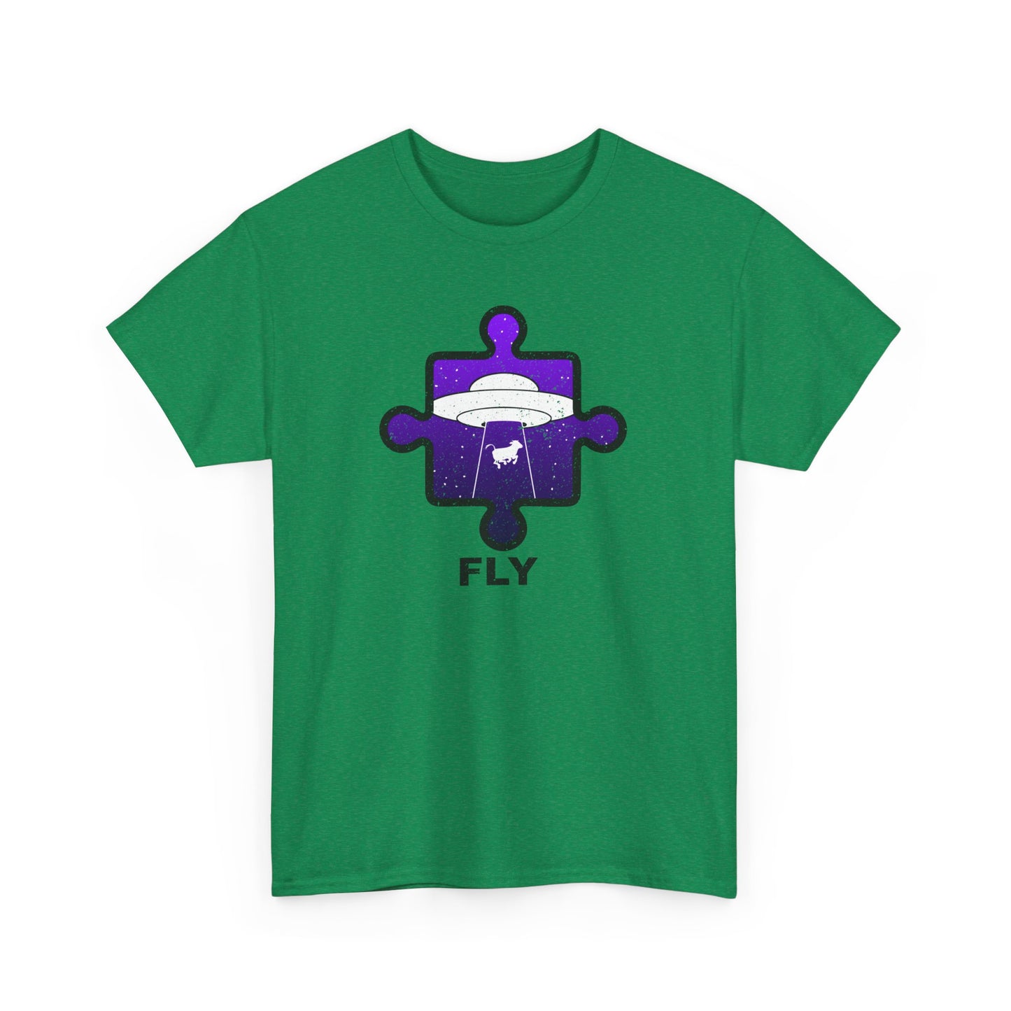 UFO Cow Abduction T-Shirt – ‘Fly’ Puzzle Piece Graphic Tee – Unisex Heavy Cotton Shirt Distressed Design