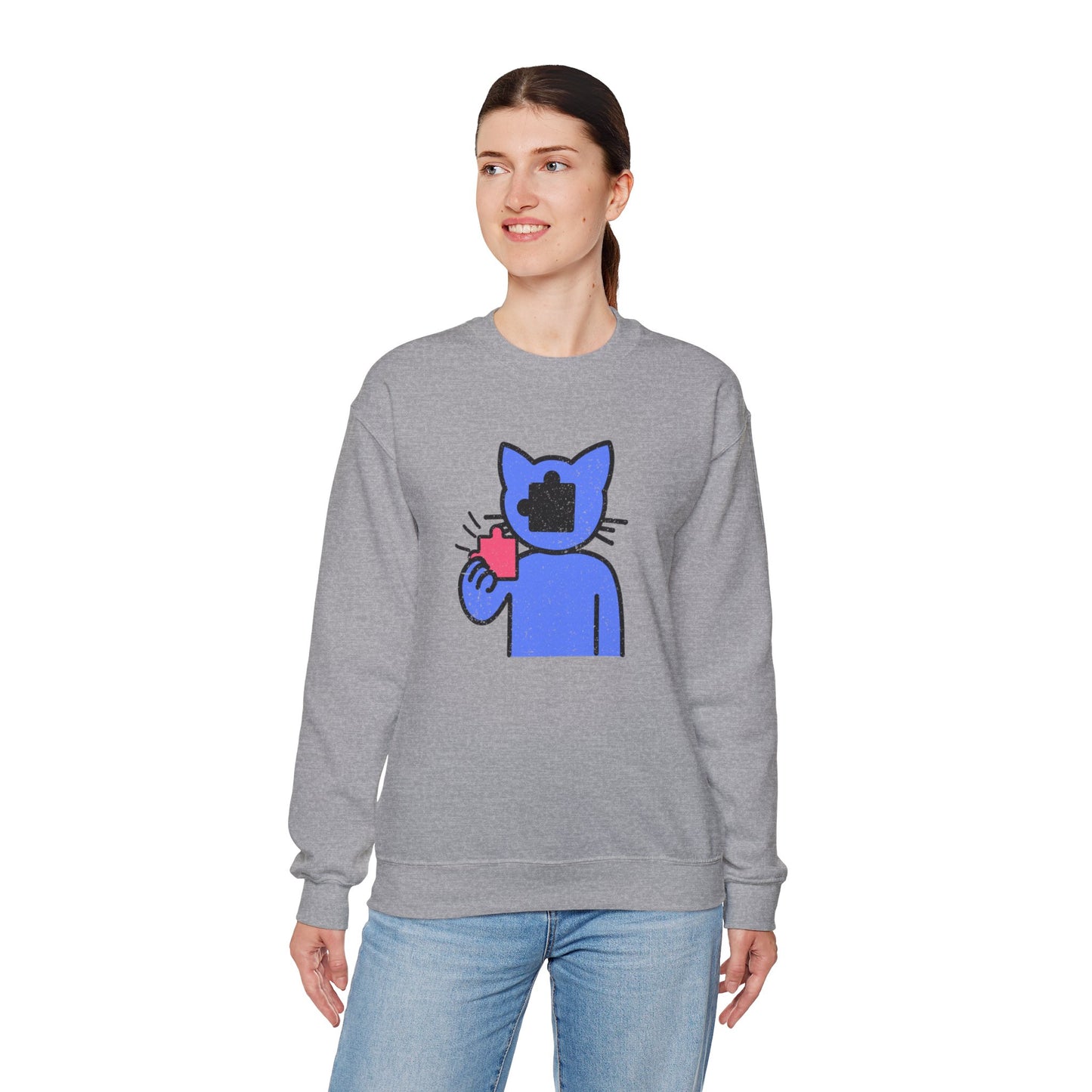 Cat Puzzle Piece Sweatshirt – Distressed Graphic Crewneck – Cozy Unisex Fleece for Life’s Puzzle Lovers