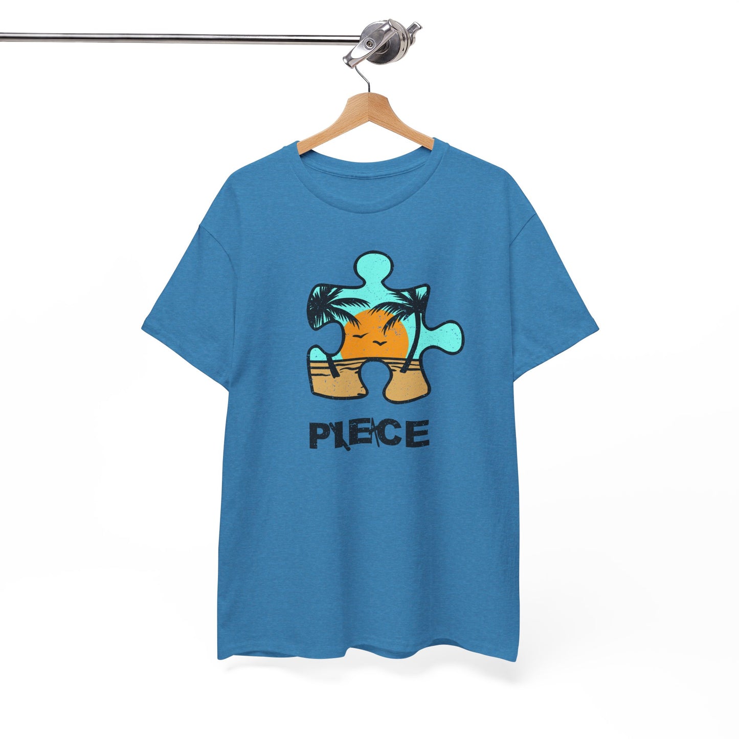 Peace Puzzle Piece T-Shirt – Distressed Beach Graphic Tee – Unisex Heavy Cotton Shirt for Tranquil Vibes