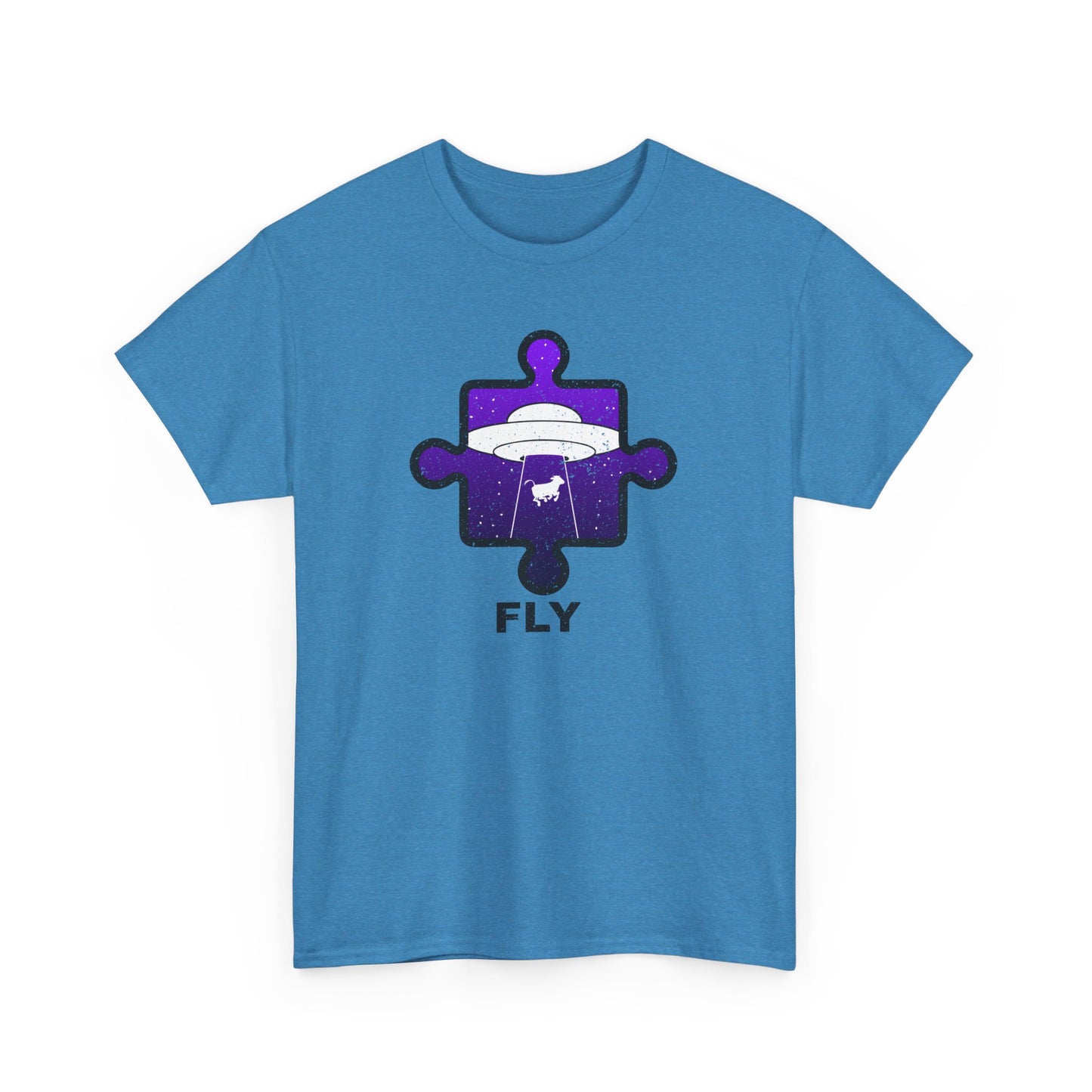UFO Cow Abduction T-Shirt – ‘Fly’ Puzzle Piece Graphic Tee – Unisex Heavy Cotton Shirt Distressed Design