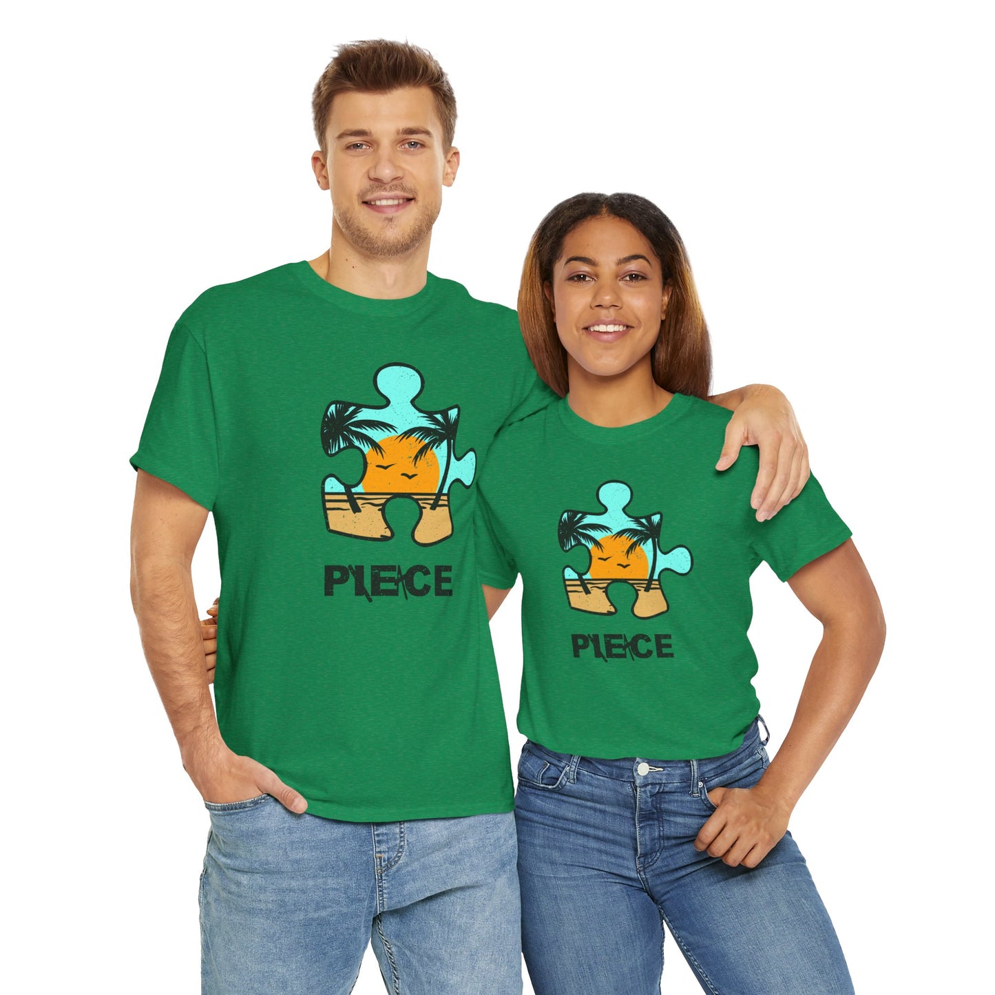 Peace Puzzle Piece T-Shirt – Distressed Beach Graphic Tee – Unisex Heavy Cotton Shirt for Tranquil Vibes