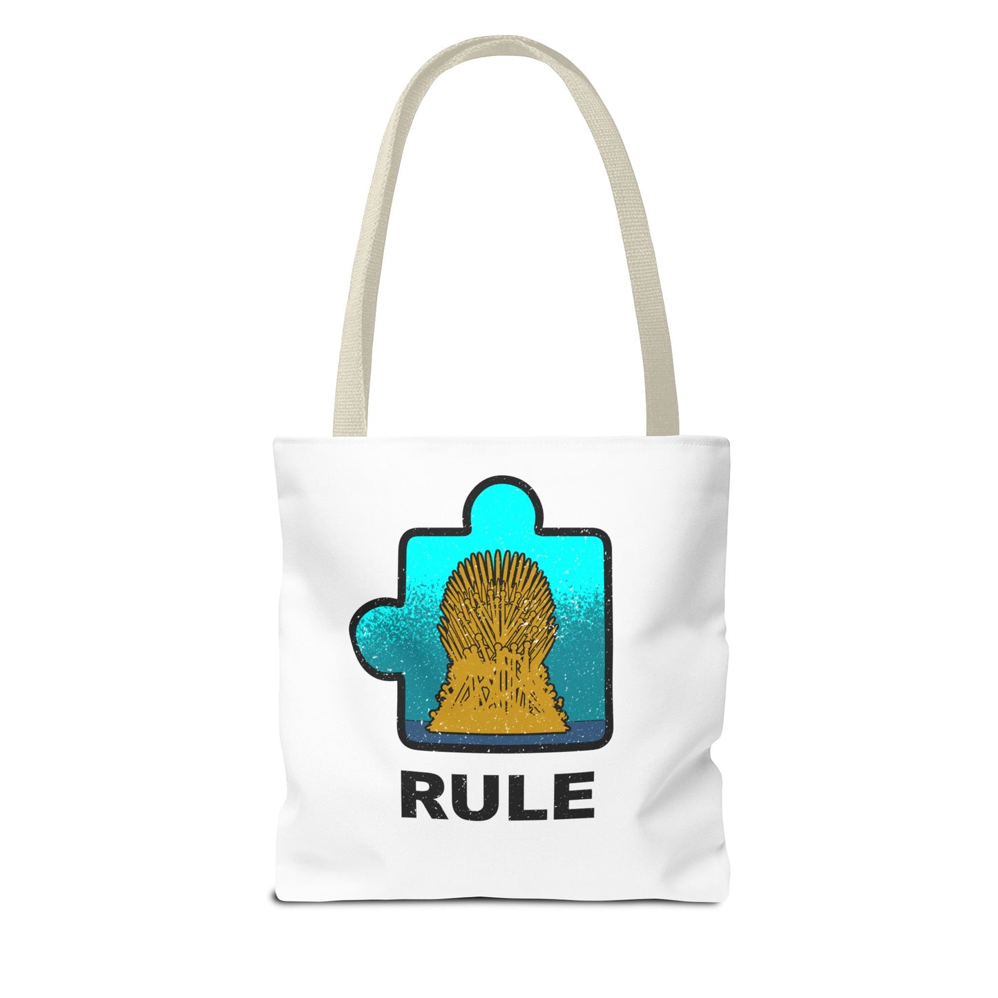 Distressed Tote Bag – Cat Puzzle Piece & Throne Design with ‘Rule’ Theme