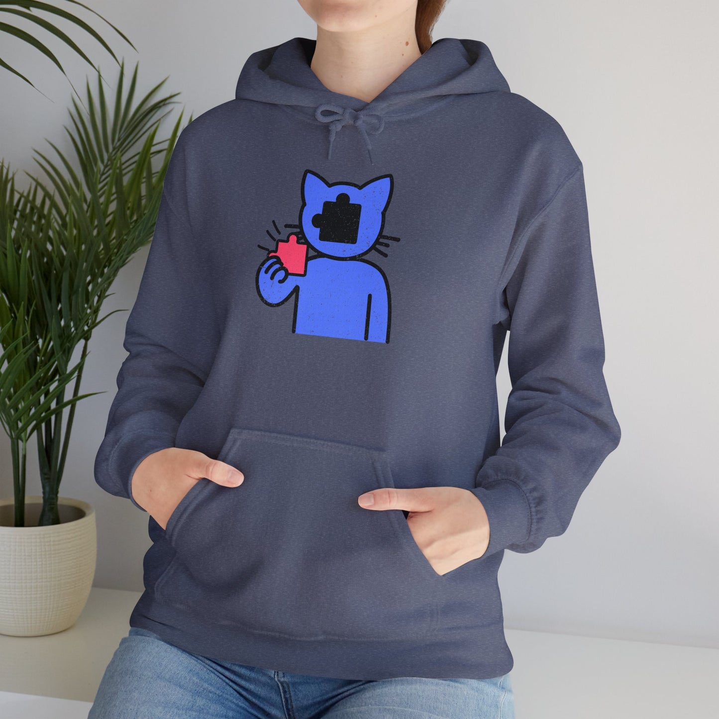 Cat Puzzle Piece Hoodie – Distressed Graphic Pullover – Cozy Unisex Hooded Sweatshirt for Puzzle Lovers