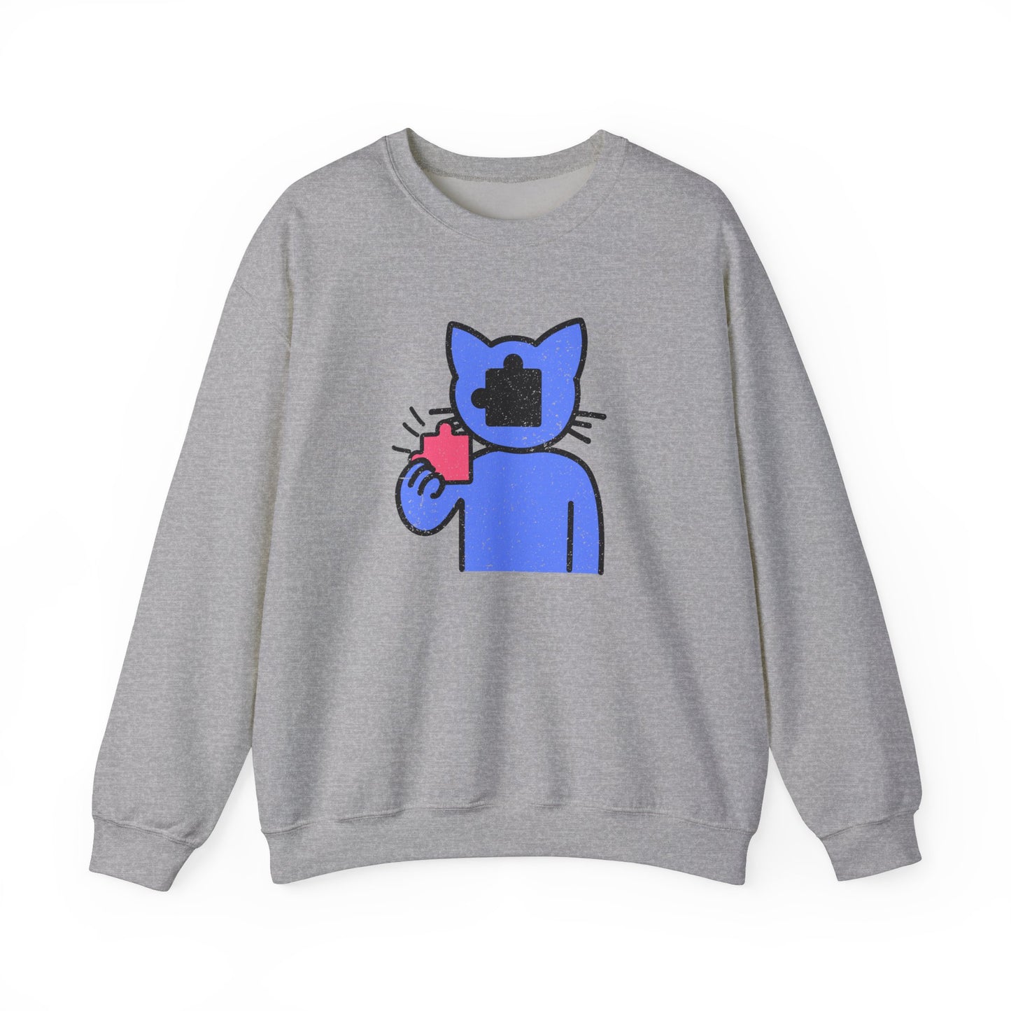 Cat Puzzle Piece Sweatshirt – Distressed Graphic Crewneck – Cozy Unisex Fleece for Life’s Puzzle Lovers