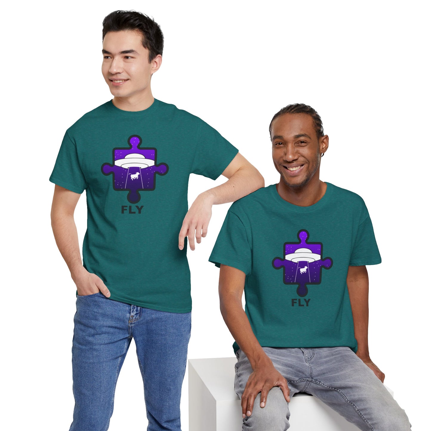 UFO Cow Abduction Puzzle Piece T-Shirt – ‘Fly’ Graphic Tee – Non-Distressed Design