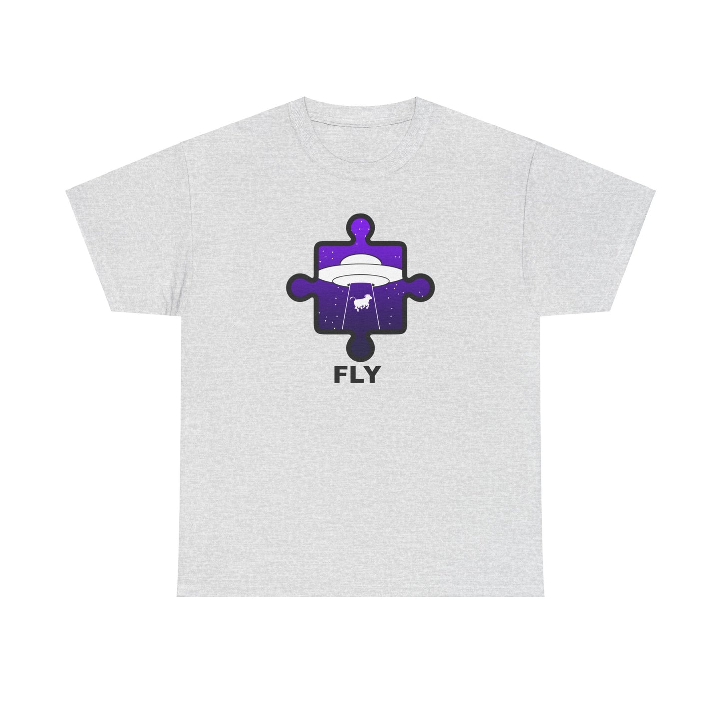 UFO Cow Abduction Puzzle Piece T-Shirt – ‘Fly’ Graphic Tee – Non-Distressed Design