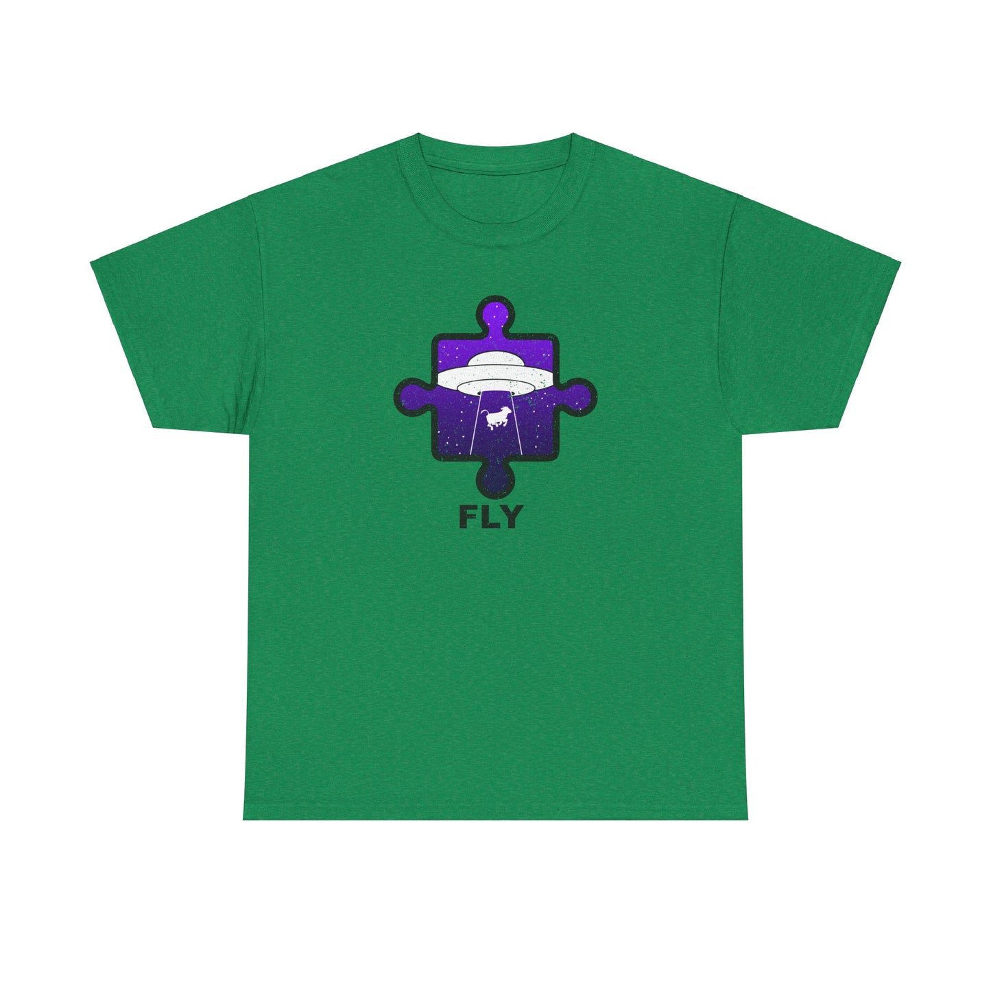 UFO Cow Abduction T-Shirt – ‘Fly’ Puzzle Piece Graphic Tee – Unisex Heavy Cotton Shirt Distressed Design