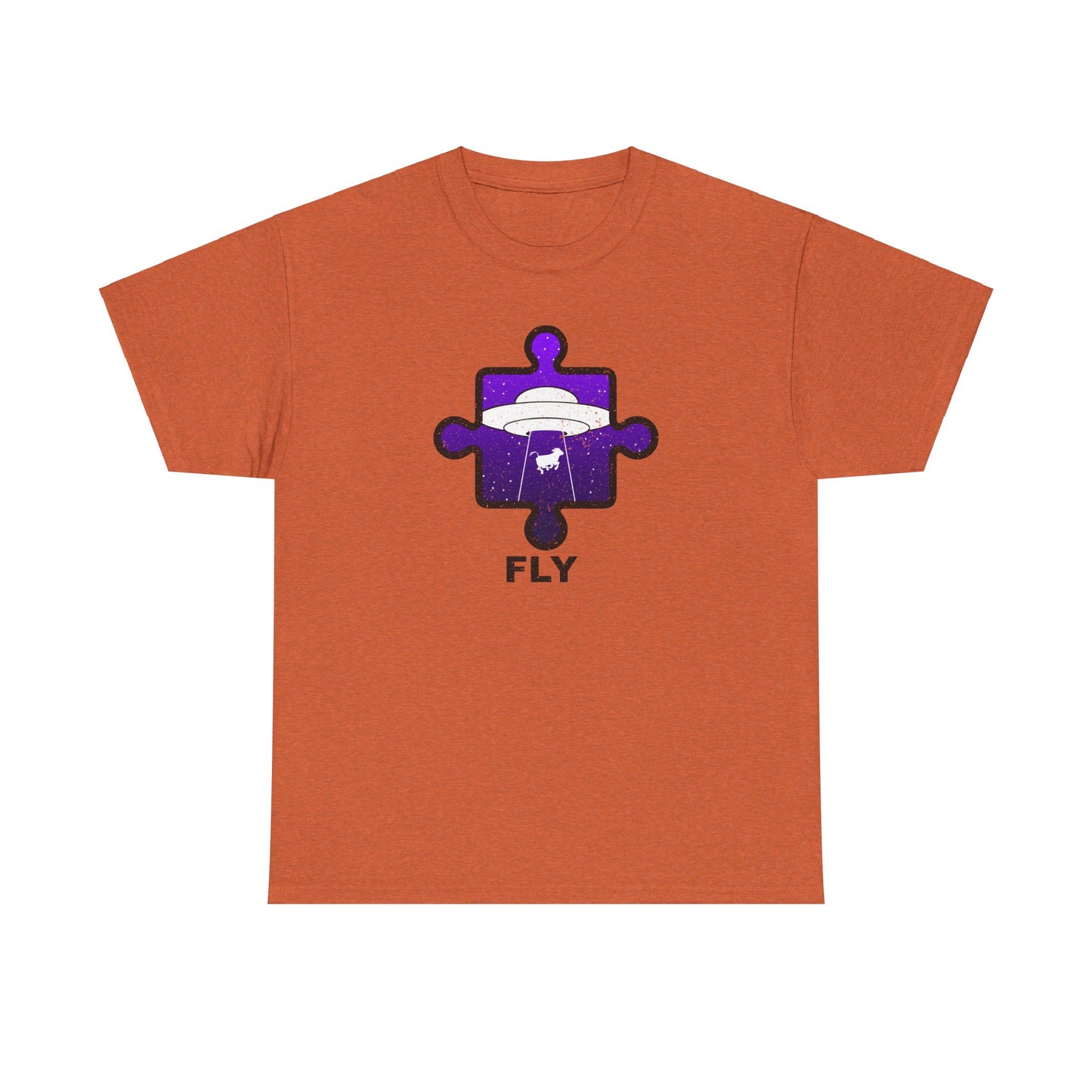 UFO Cow Abduction T-Shirt – ‘Fly’ Puzzle Piece Graphic Tee – Unisex Heavy Cotton Shirt Distressed Design
