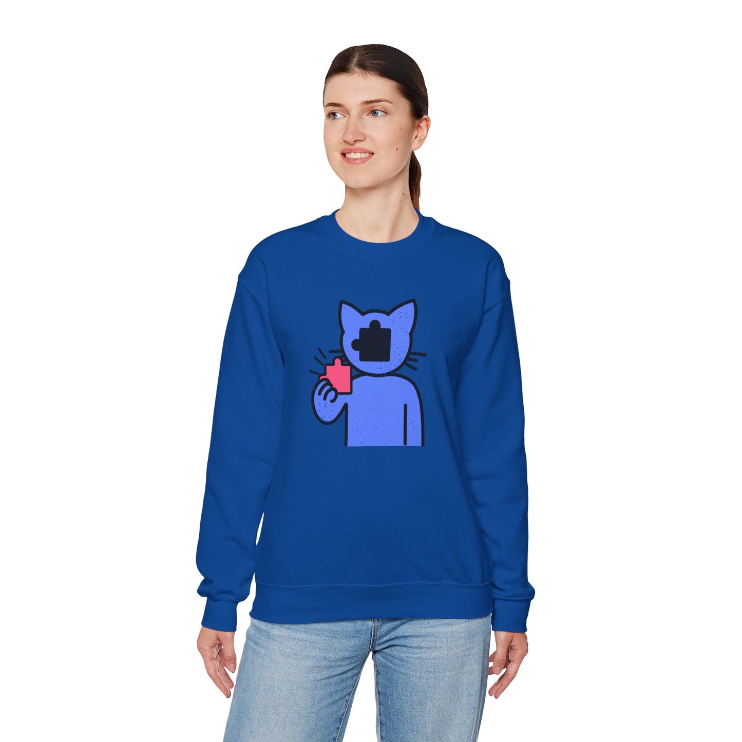 Cat Puzzle Piece Sweatshirt – Distressed Graphic Crewneck – Cozy Unisex Fleece for Life’s Puzzle Lovers