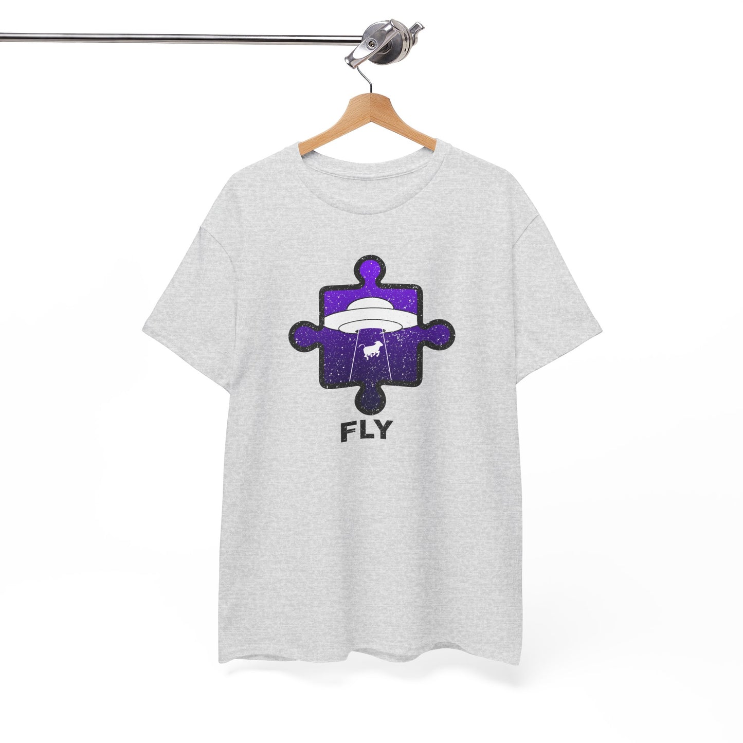 UFO Cow Abduction T-Shirt – ‘Fly’ Puzzle Piece Graphic Tee – Unisex Heavy Cotton Shirt Distressed Design