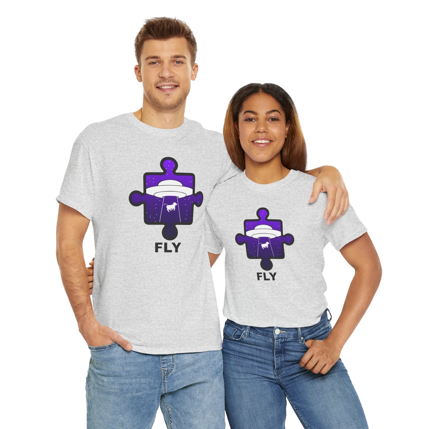 UFO Cow Abduction Puzzle Piece T-Shirt – ‘Fly’ Graphic Tee – Non-Distressed Design