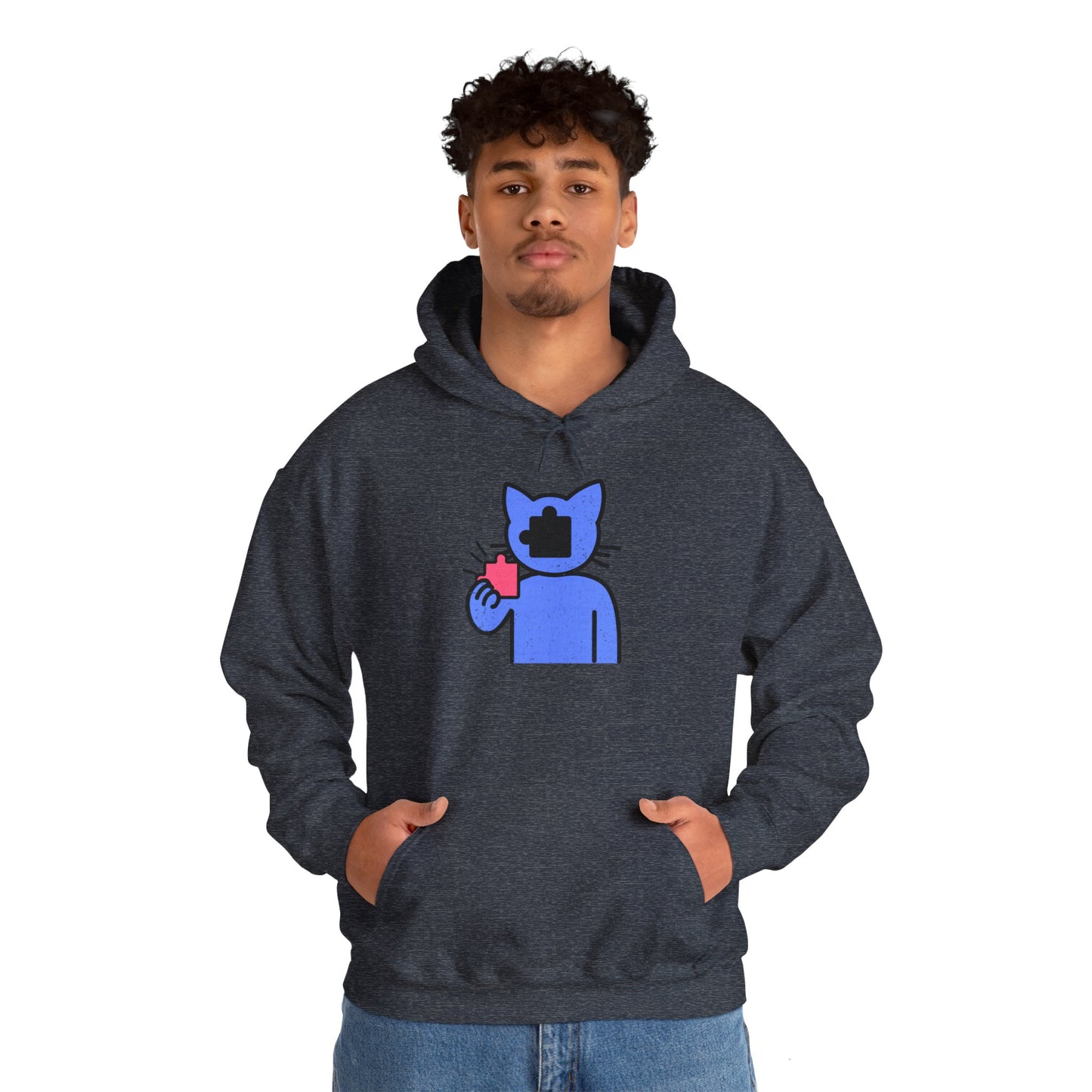 Cat Puzzle Piece Hoodie – Distressed Graphic Pullover – Cozy Unisex Hooded Sweatshirt for Puzzle Lovers