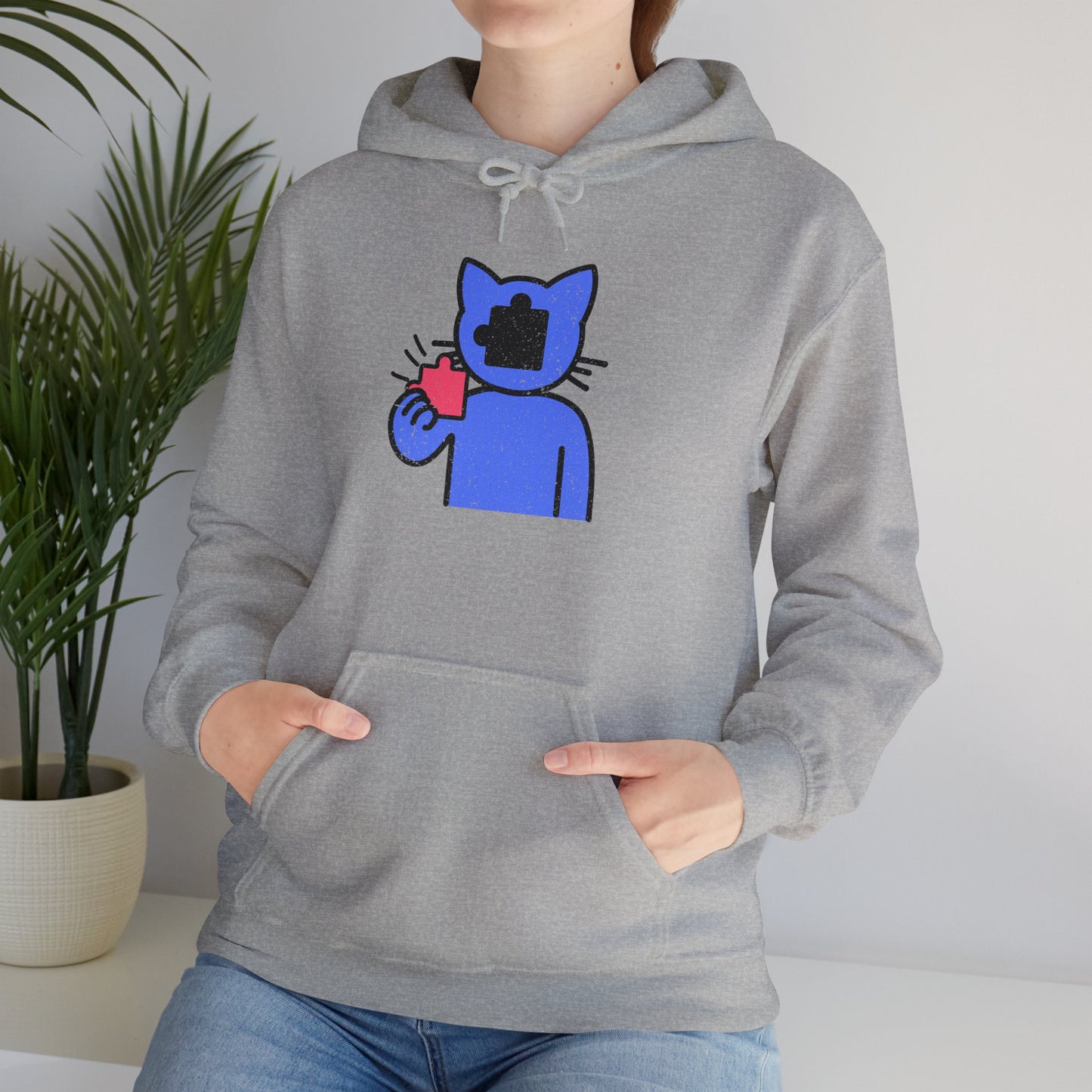 Cat Puzzle Piece Hoodie – Distressed Graphic Pullover – Cozy Unisex Hooded Sweatshirt for Puzzle Lovers