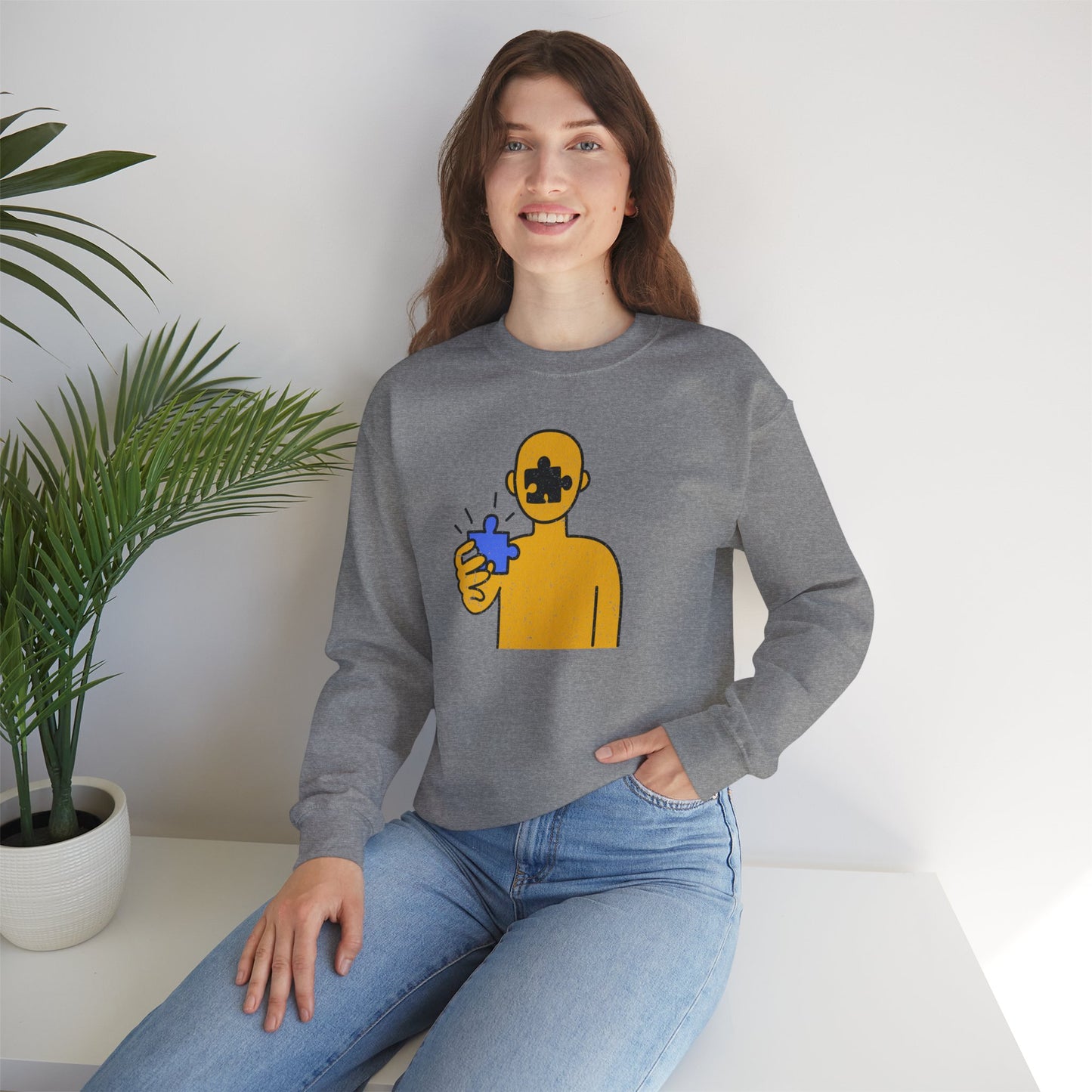 Distressed Crewneck Sweatshirt – Thoughtful Puzzle Piece Design with Human Theme