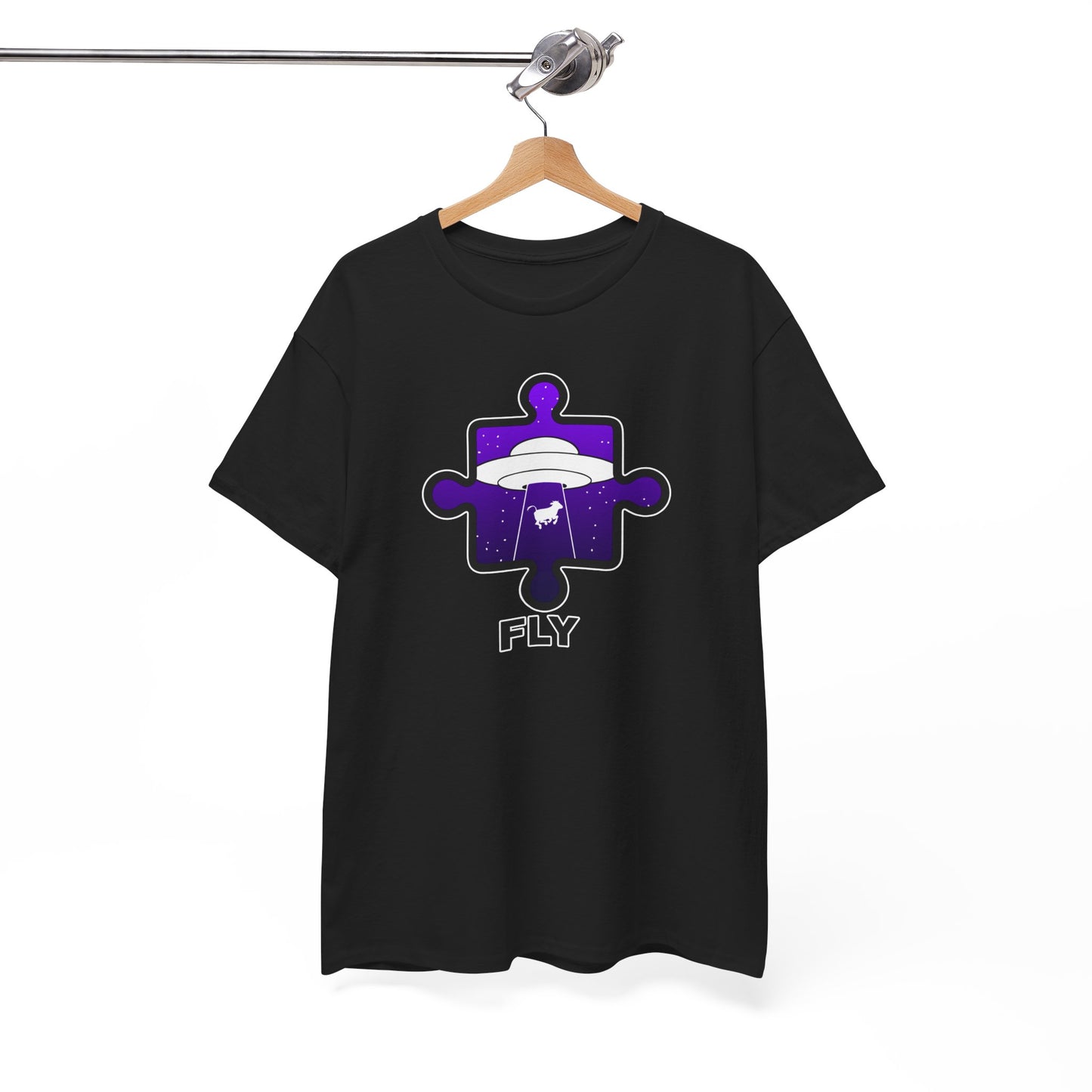 UFO Cow Abduction Puzzle Piece T-Shirt – ‘Fly’ Graphic Tee – Non-Distressed Design