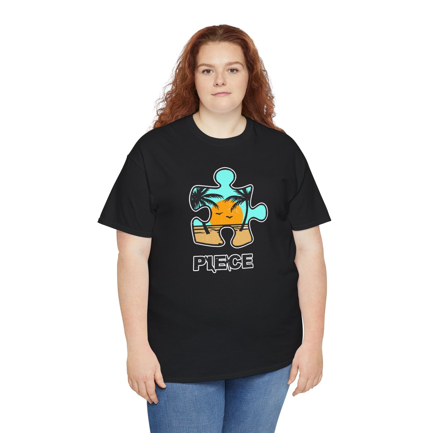 Peace Puzzle Piece T-Shirt – Distressed Beach Graphic Tee – Unisex Heavy Cotton Shirt for Tranquil Vibes