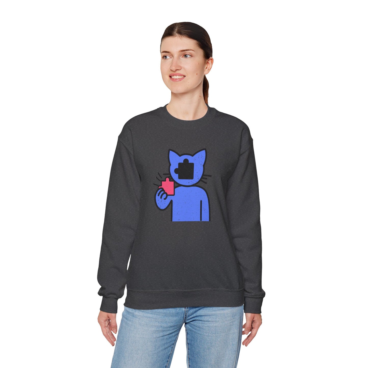 Cat Puzzle Piece Sweatshirt – Distressed Graphic Crewneck – Cozy Unisex Fleece for Life’s Puzzle Lovers