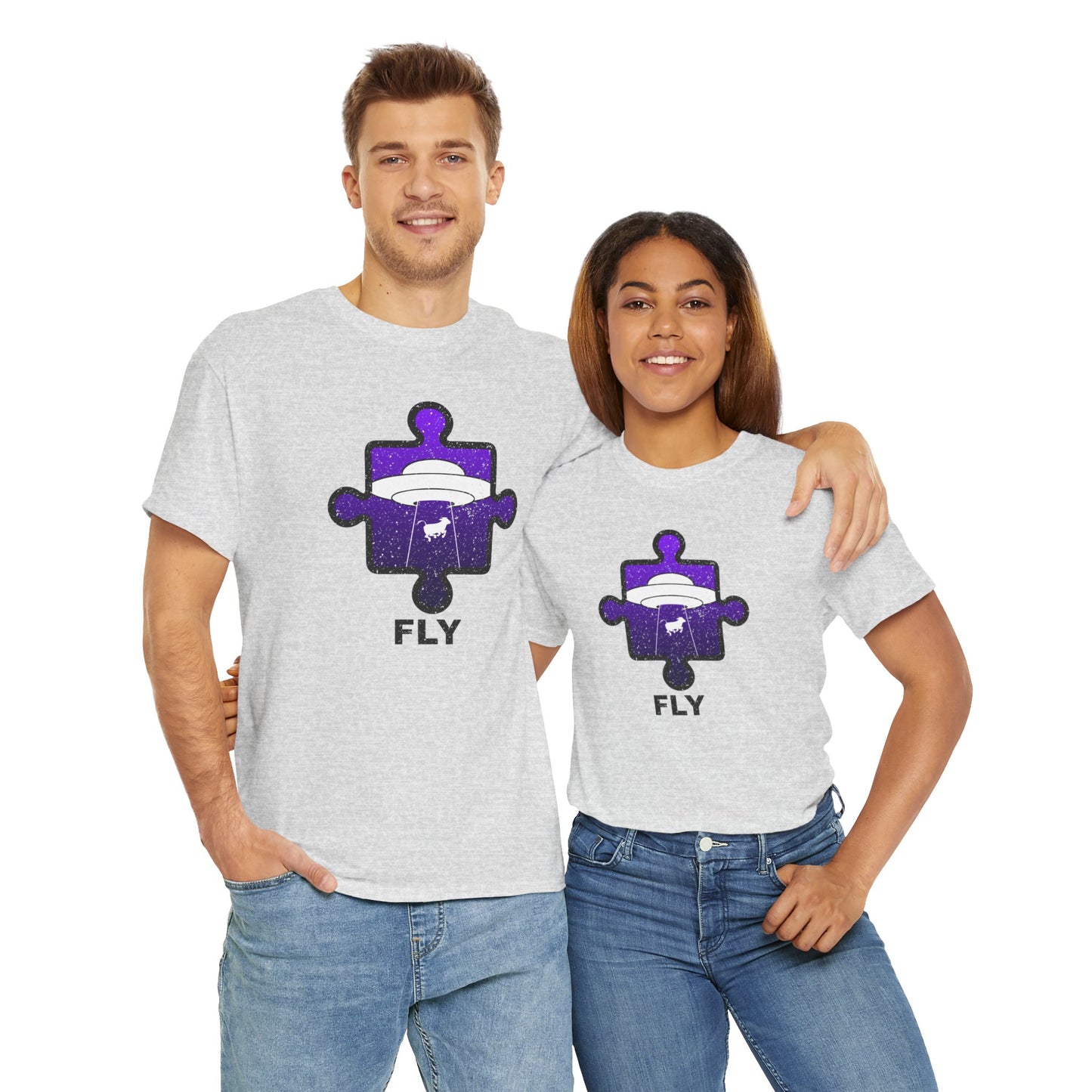UFO Cow Abduction T-Shirt – ‘Fly’ Puzzle Piece Graphic Tee – Unisex Heavy Cotton Shirt Distressed Design