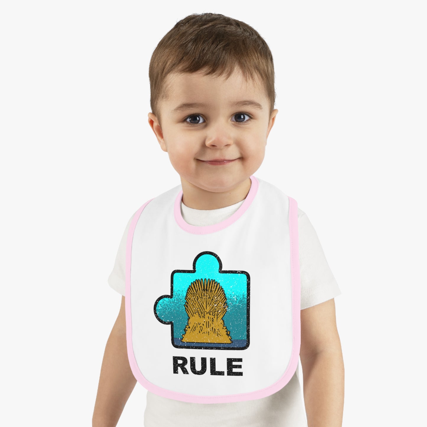 Rule Baby Bib – Puzzle Piece Design with Distressed Look – Soft Contrast Trim Jersey Bib