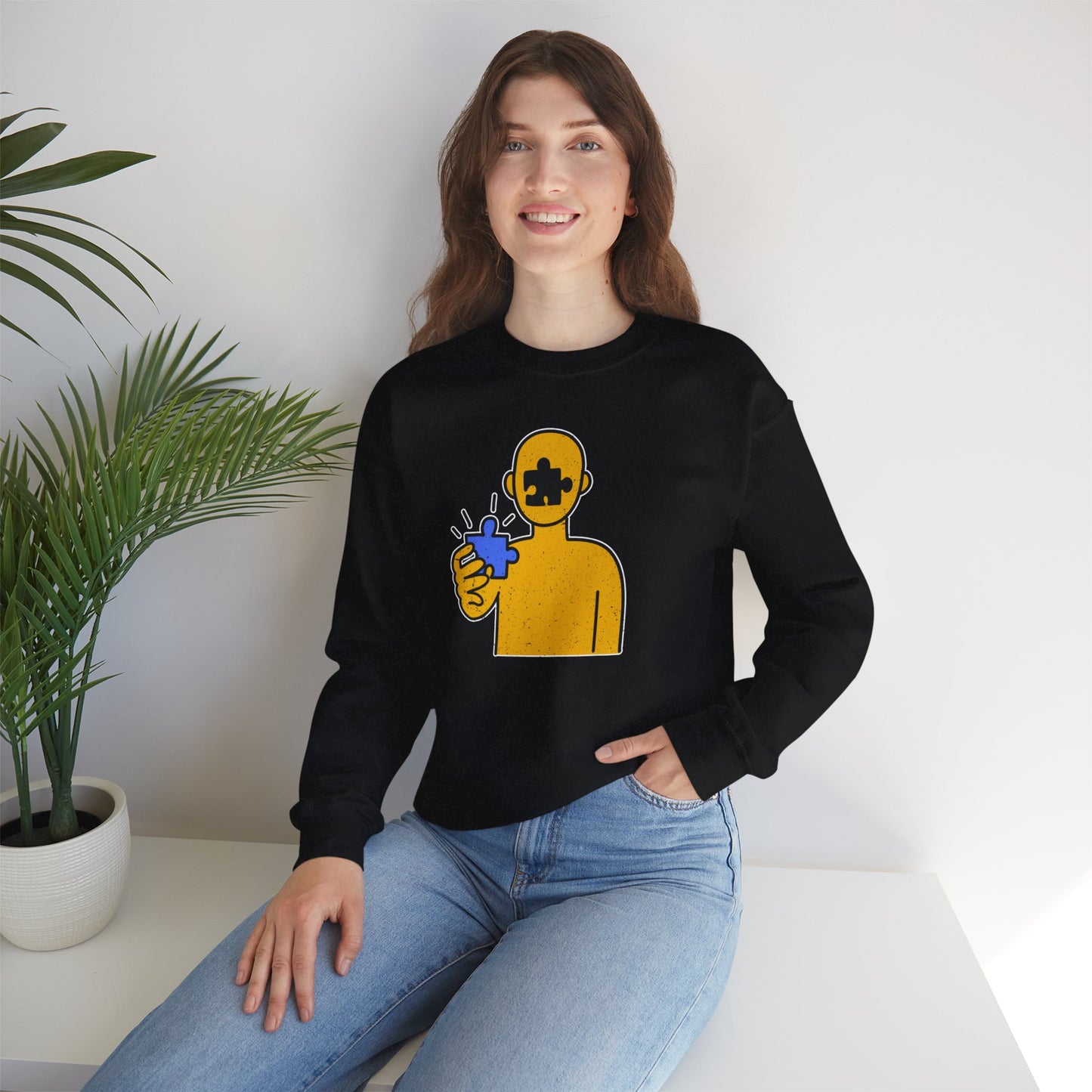 Distressed Crewneck Sweatshirt – Thoughtful Puzzle Piece Design with Human Theme