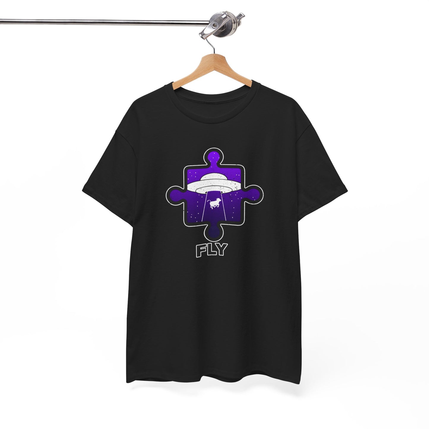 UFO Cow Abduction T-Shirt – ‘Fly’ Puzzle Piece Graphic Tee – Unisex Heavy Cotton Shirt Distressed Design