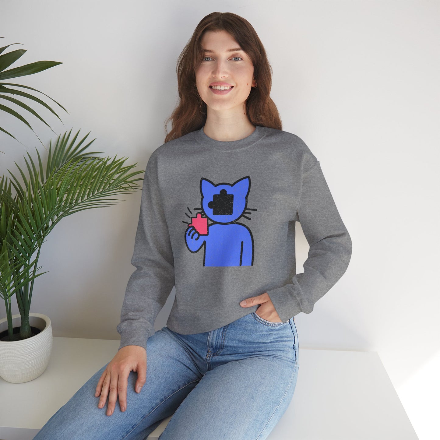 Cat Puzzle Piece Sweatshirt – Distressed Graphic Crewneck – Cozy Unisex Fleece for Life’s Puzzle Lovers