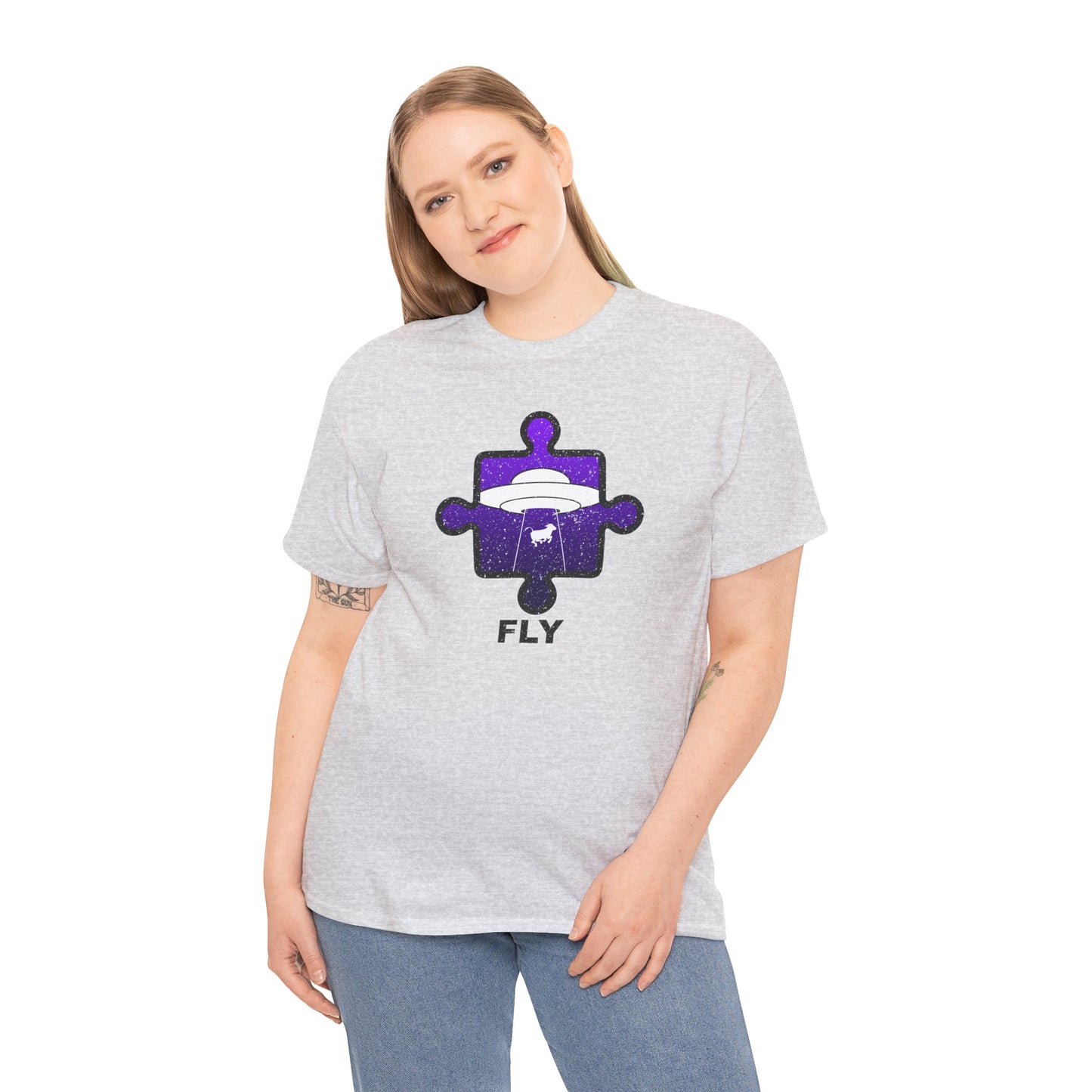 UFO Cow Abduction T-Shirt – ‘Fly’ Puzzle Piece Graphic Tee – Unisex Heavy Cotton Shirt Distressed Design