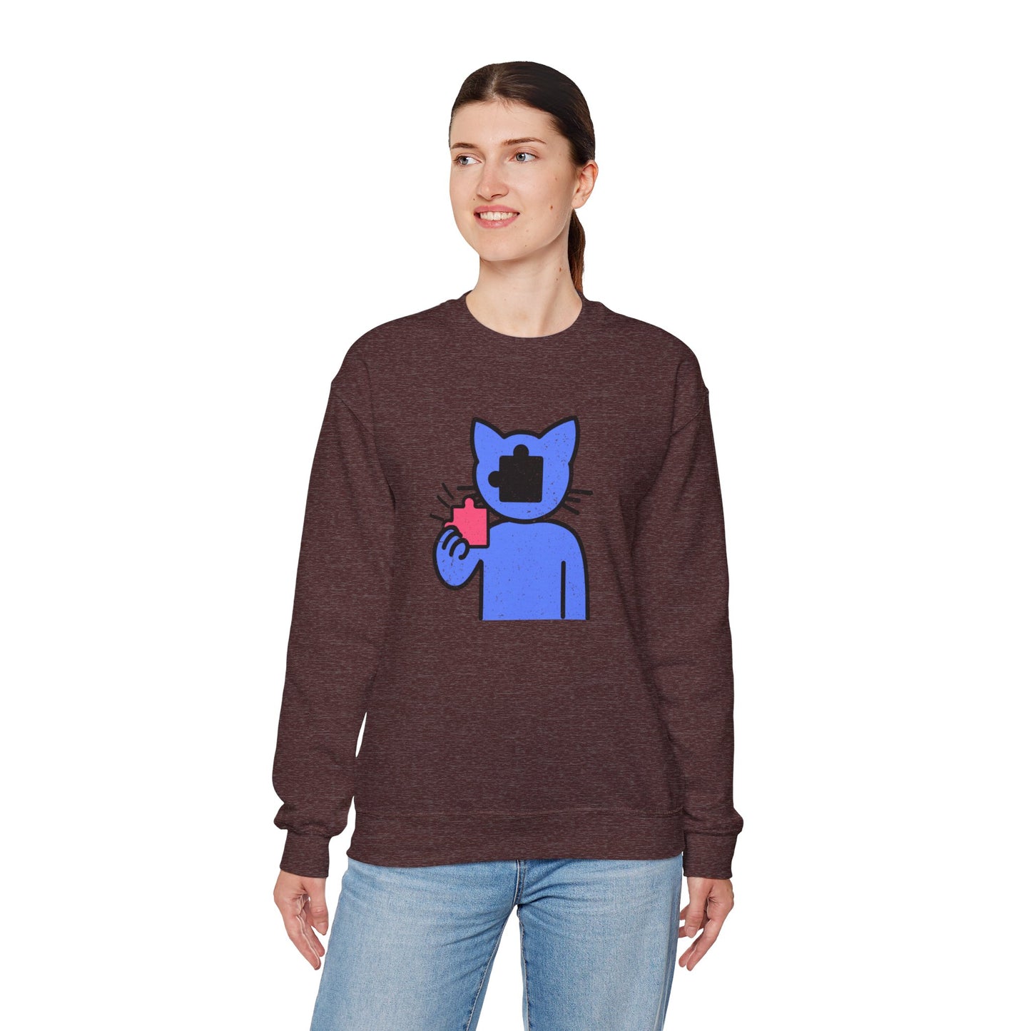 Cat Puzzle Piece Sweatshirt – Distressed Graphic Crewneck – Cozy Unisex Fleece for Life’s Puzzle Lovers