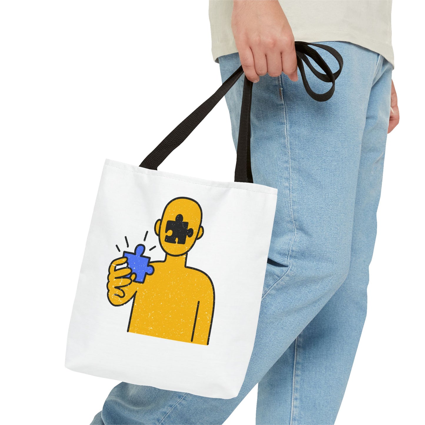 Distressed Tote Bag – Person & Beach Puzzle Piece Design with ‘Peace’ Theme