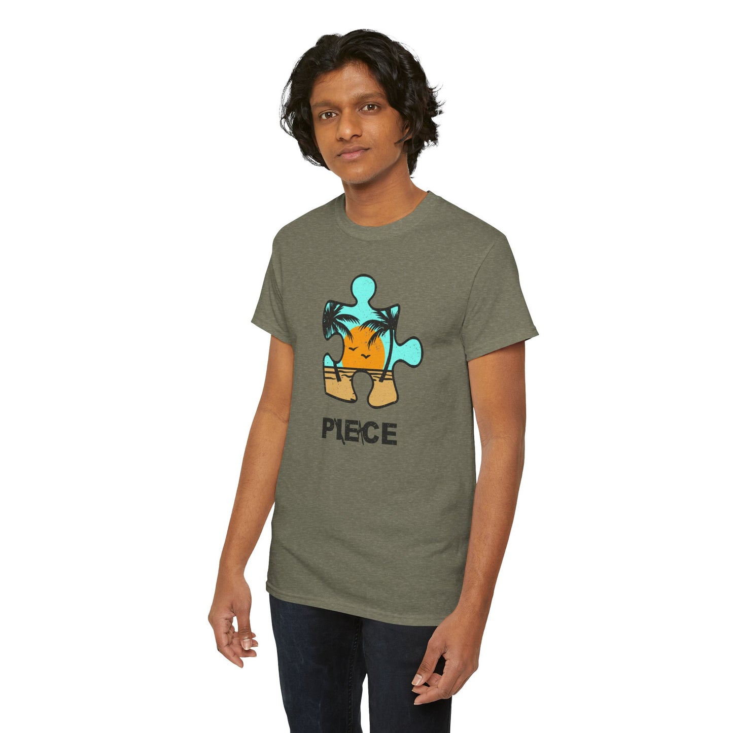 Peace Puzzle Piece T-Shirt – Distressed Beach Graphic Tee – Unisex Heavy Cotton Shirt for Tranquil Vibes