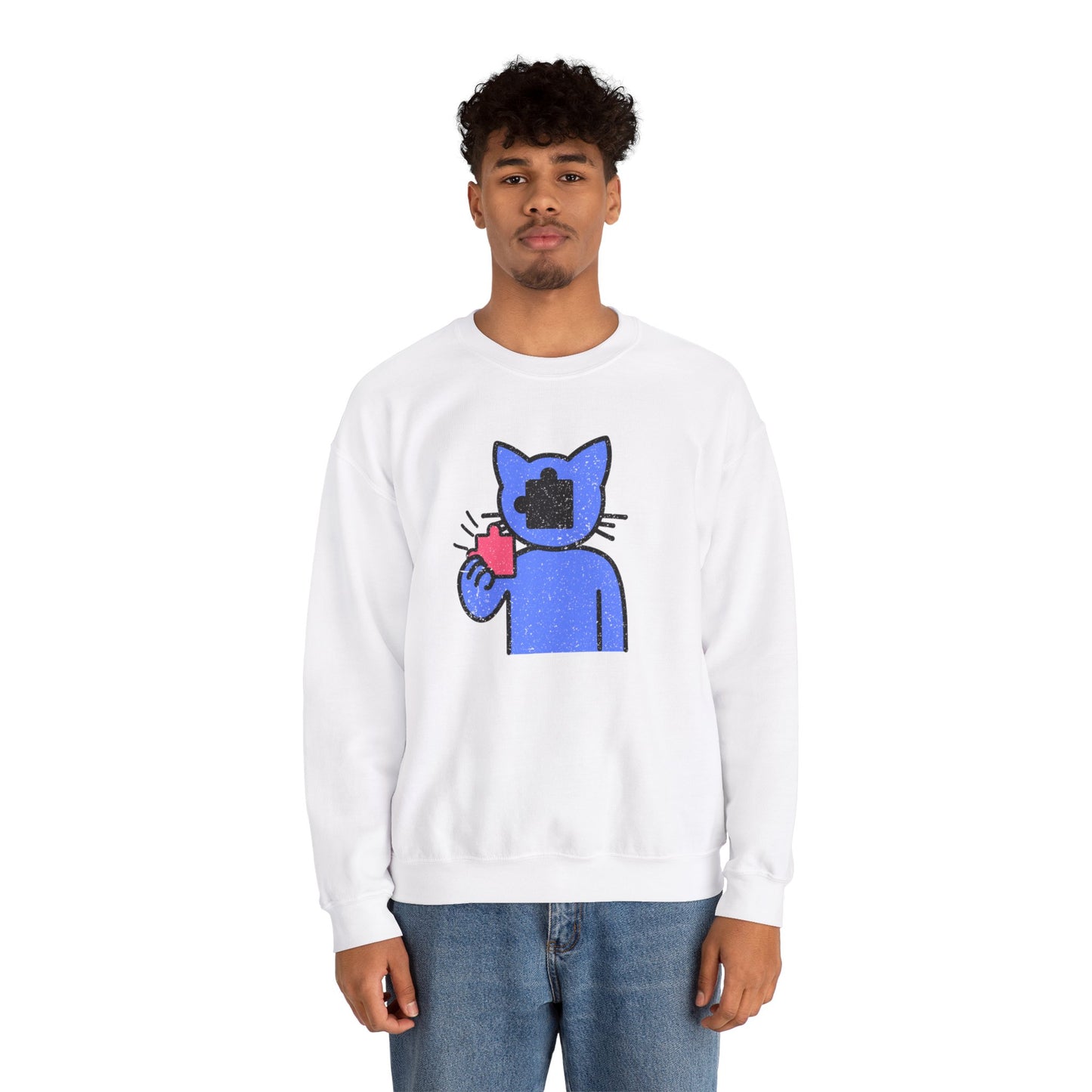 Cat Puzzle Piece Sweatshirt – Distressed Graphic Crewneck – Cozy Unisex Fleece for Life’s Puzzle Lovers