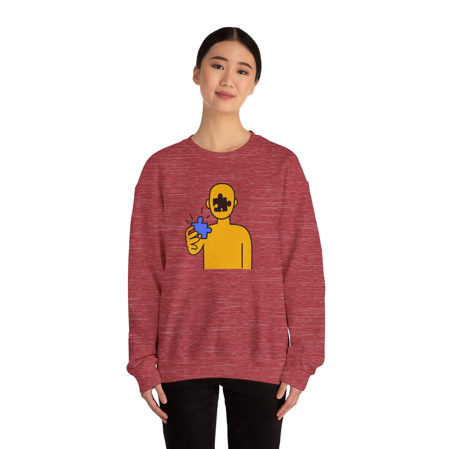 Distressed Crewneck Sweatshirt – Thoughtful Puzzle Piece Design with Human Theme
