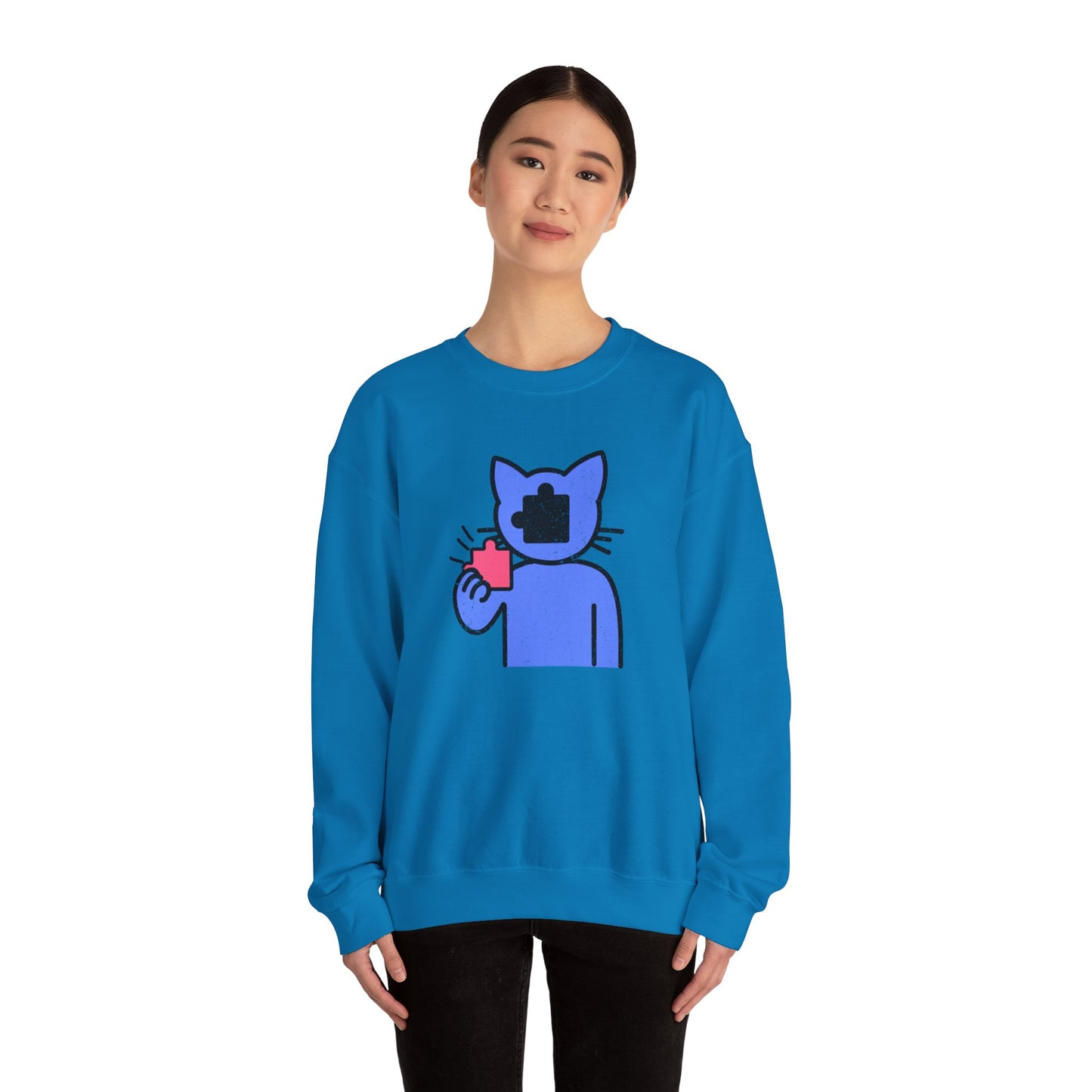Cat Puzzle Piece Sweatshirt – Distressed Graphic Crewneck – Cozy Unisex Fleece for Life’s Puzzle Lovers
