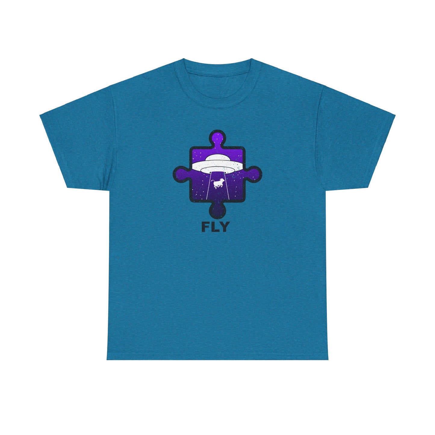UFO Cow Abduction T-Shirt – ‘Fly’ Puzzle Piece Graphic Tee – Unisex Heavy Cotton Shirt Distressed Design
