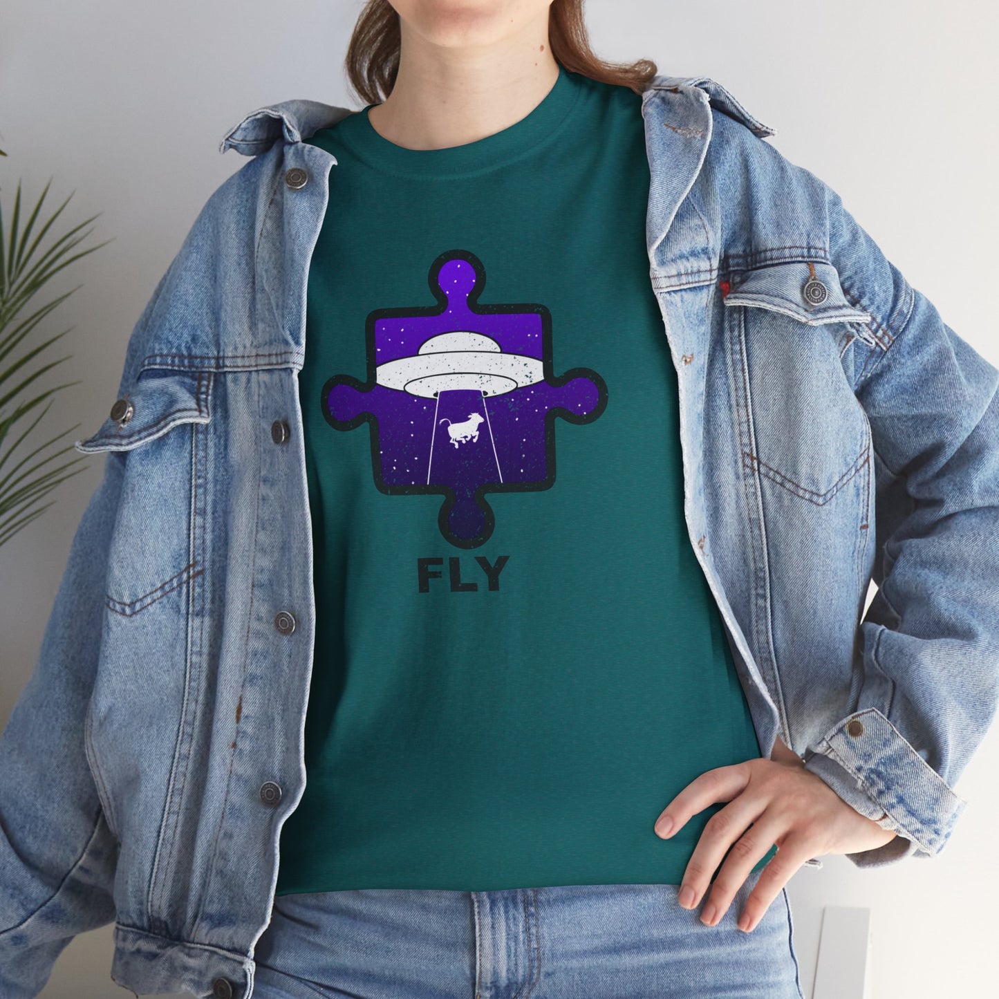 UFO Cow Abduction T-Shirt – ‘Fly’ Puzzle Piece Graphic Tee – Unisex Heavy Cotton Shirt Distressed Design