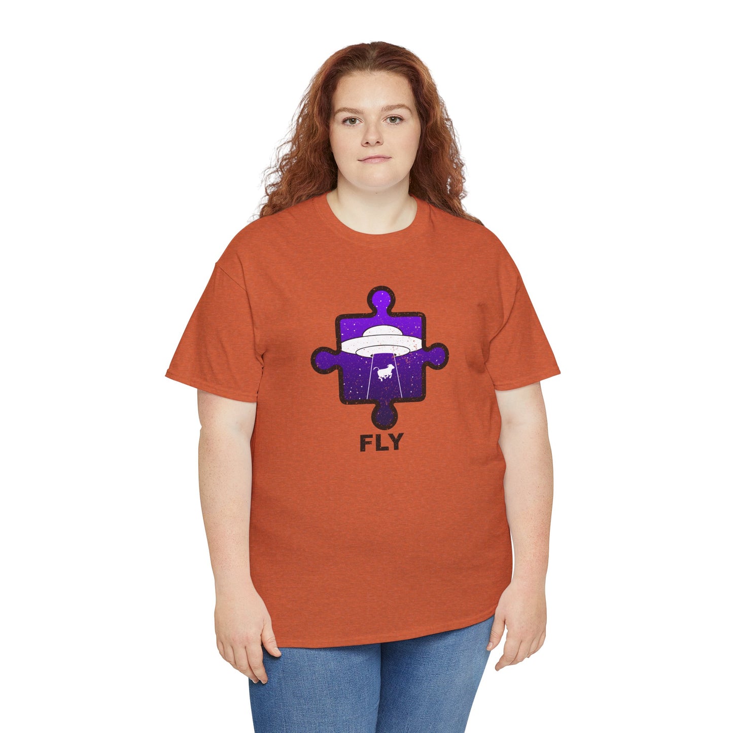 UFO Cow Abduction T-Shirt – ‘Fly’ Puzzle Piece Graphic Tee – Unisex Heavy Cotton Shirt Distressed Design