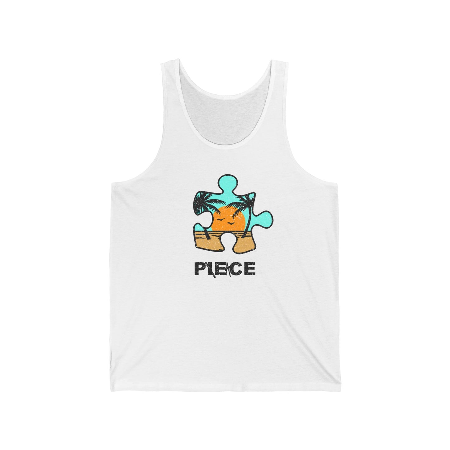 Peace Puzzle Piece Tank Top – Distressed Beach Graphic – Unisex Jersey Tank for Sunny Days and Good Vibes