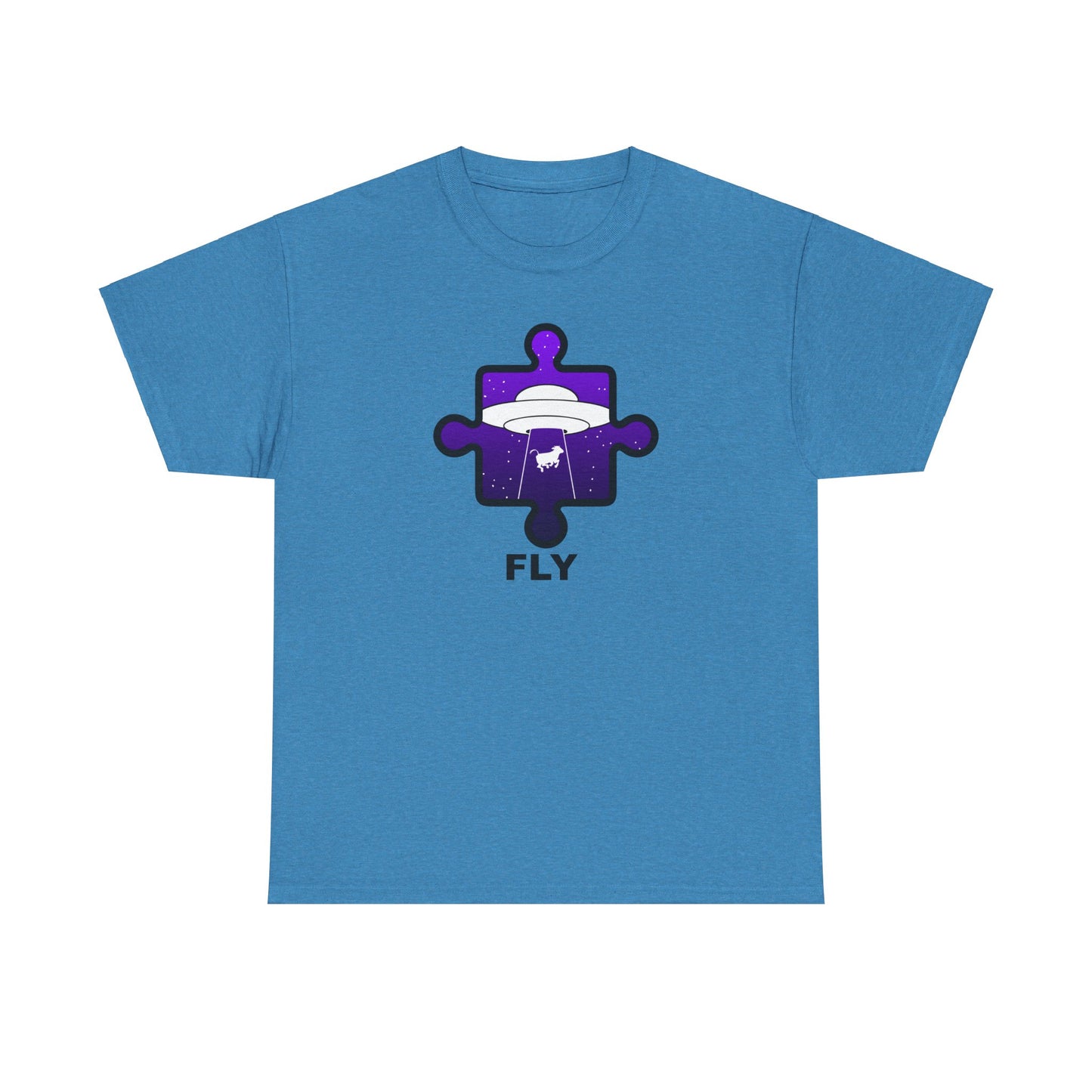UFO Cow Abduction Puzzle Piece T-Shirt – ‘Fly’ Graphic Tee – Non-Distressed Design