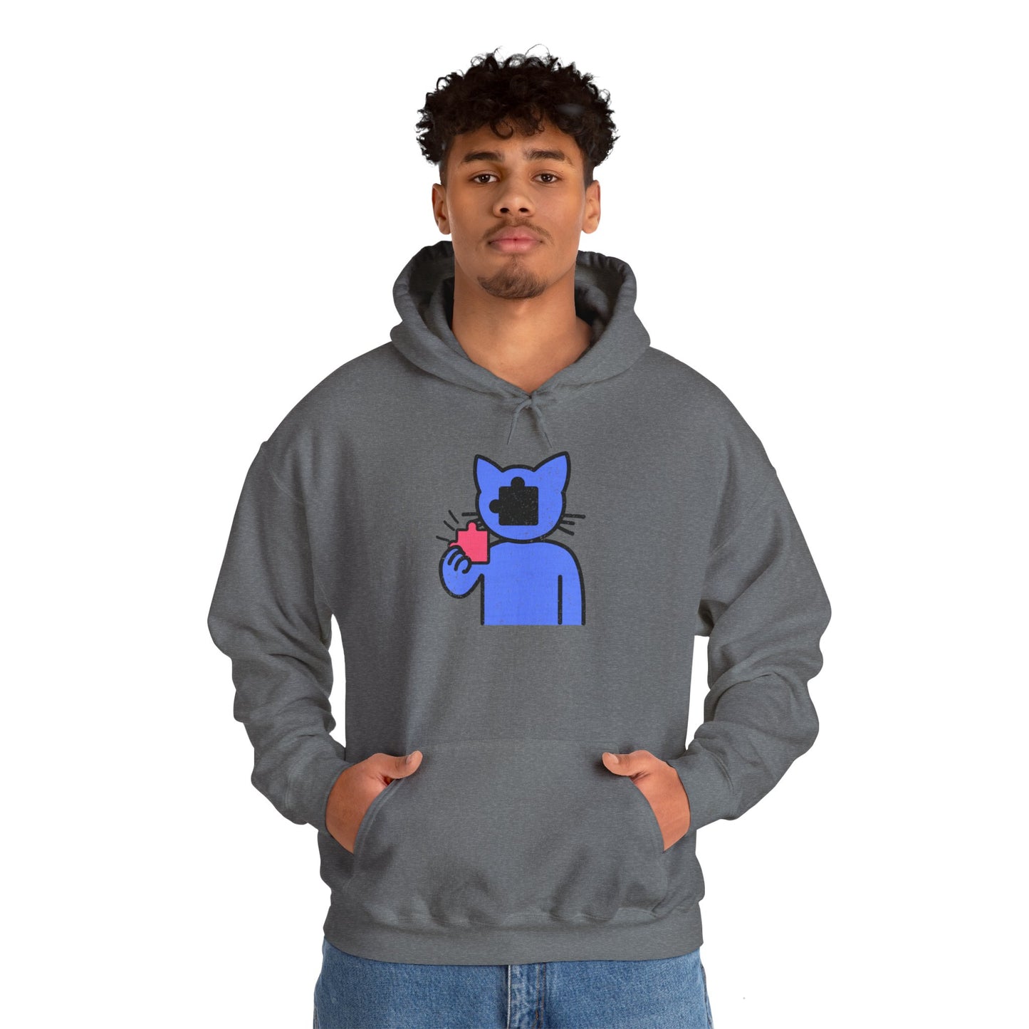 Cat Puzzle Piece Hoodie – Distressed Graphic Pullover – Cozy Unisex Hooded Sweatshirt for Puzzle Lovers
