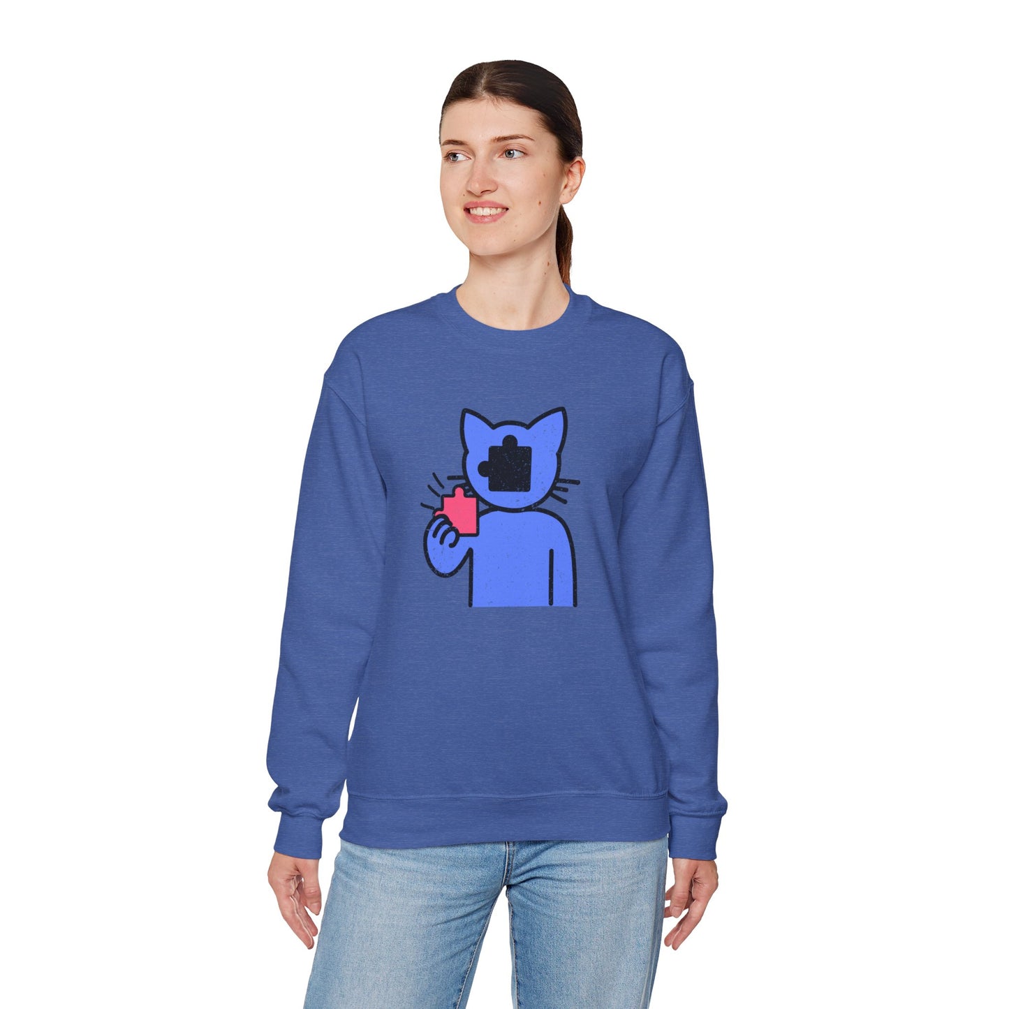 Cat Puzzle Piece Sweatshirt – Distressed Graphic Crewneck – Cozy Unisex Fleece for Life’s Puzzle Lovers