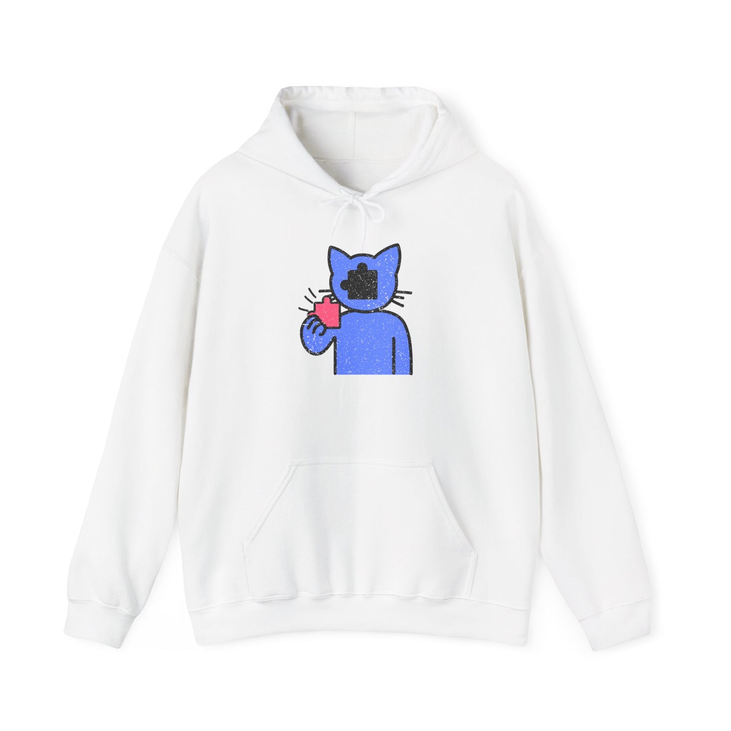 Cat Puzzle Piece Hoodie – Distressed Graphic Pullover – Cozy Unisex Hooded Sweatshirt for Puzzle Lovers