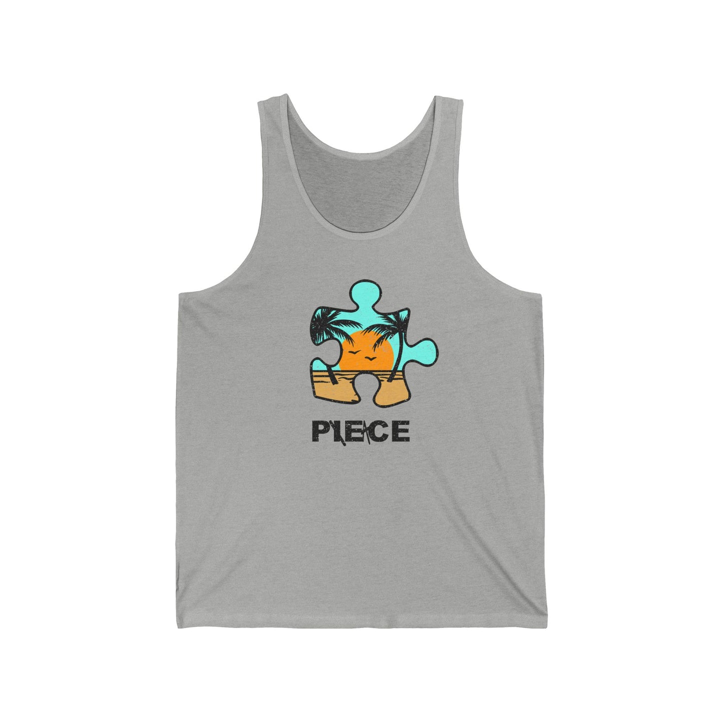 Peace Puzzle Piece Tank Top – Distressed Beach Graphic – Unisex Jersey Tank for Sunny Days and Good Vibes