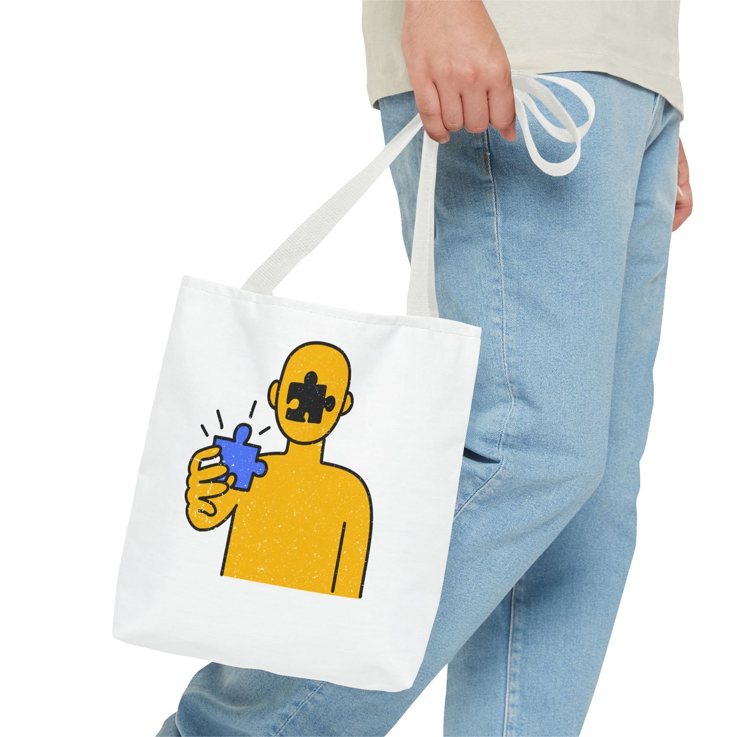 Distressed Tote Bag – Person & Beach Puzzle Piece Design with ‘Peace’ Theme