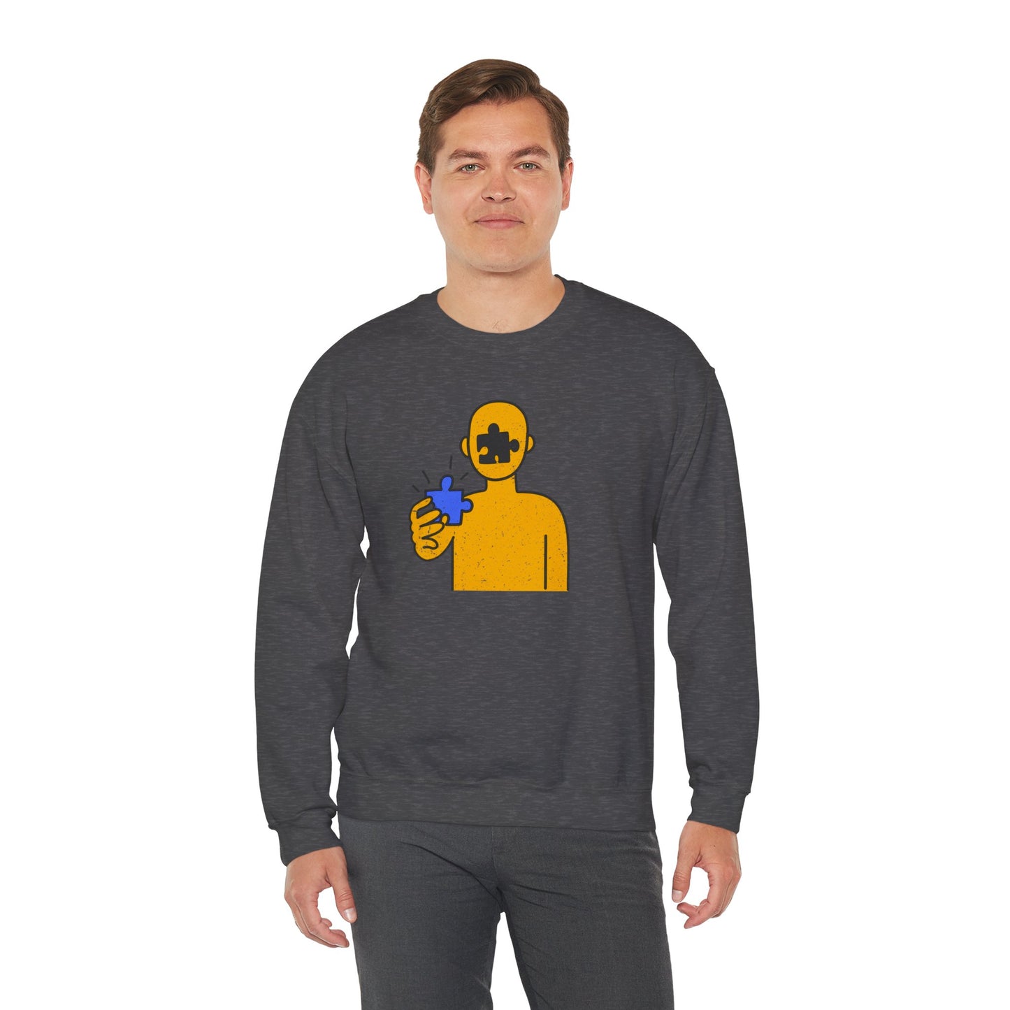 Distressed Crewneck Sweatshirt – Thoughtful Puzzle Piece Design with Human Theme
