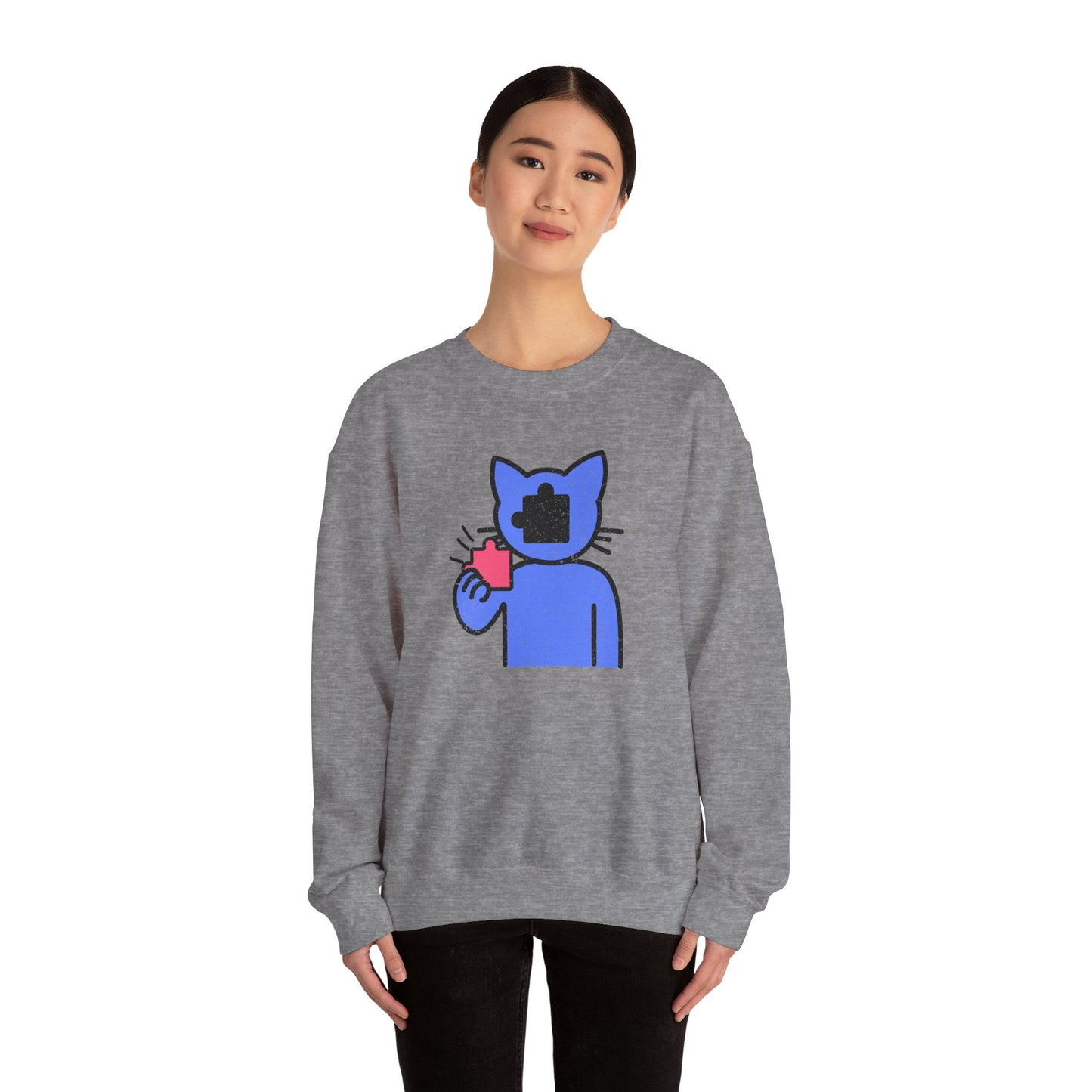 Cat Puzzle Piece Sweatshirt – Distressed Graphic Crewneck – Cozy Unisex Fleece for Life’s Puzzle Lovers