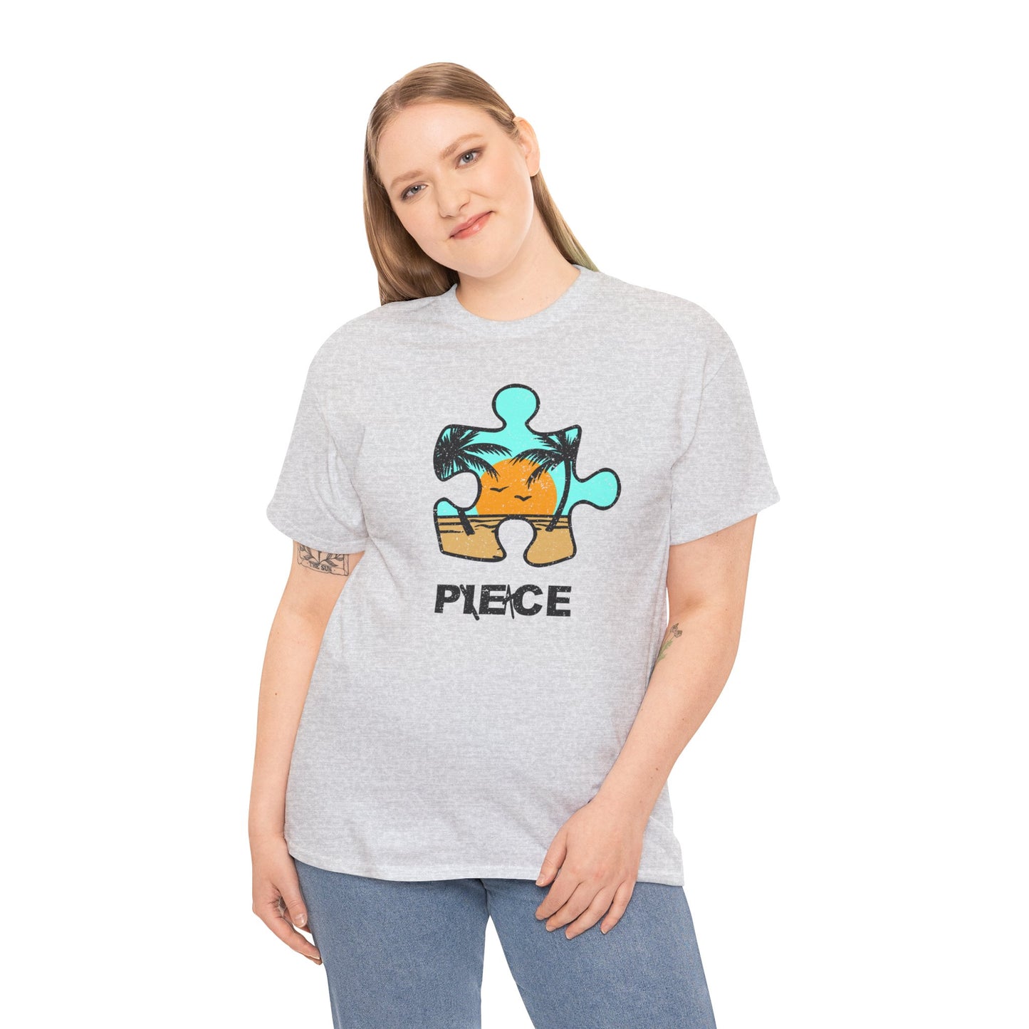 Peace Puzzle Piece T-Shirt – Distressed Beach Graphic Tee – Unisex Heavy Cotton Shirt for Tranquil Vibes