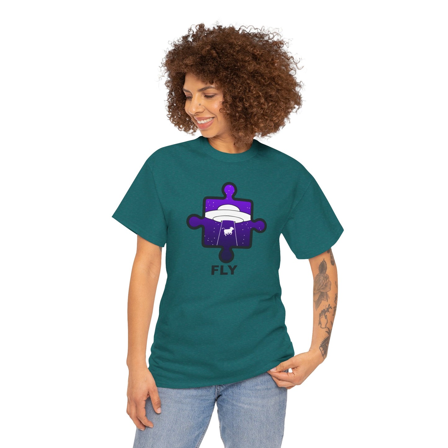 UFO Cow Abduction Puzzle Piece T-Shirt – ‘Fly’ Graphic Tee – Non-Distressed Design
