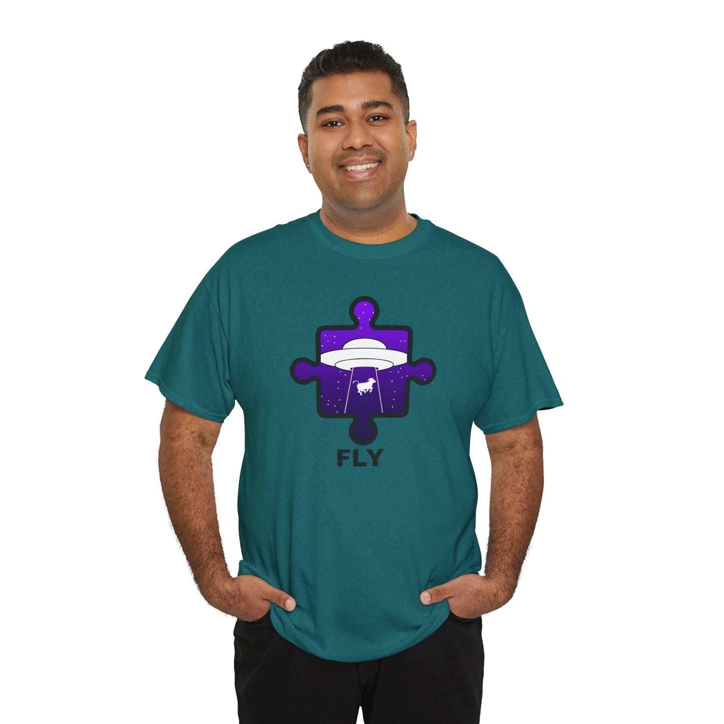 UFO Cow Abduction Puzzle Piece T-Shirt – ‘Fly’ Graphic Tee – Non-Distressed Design